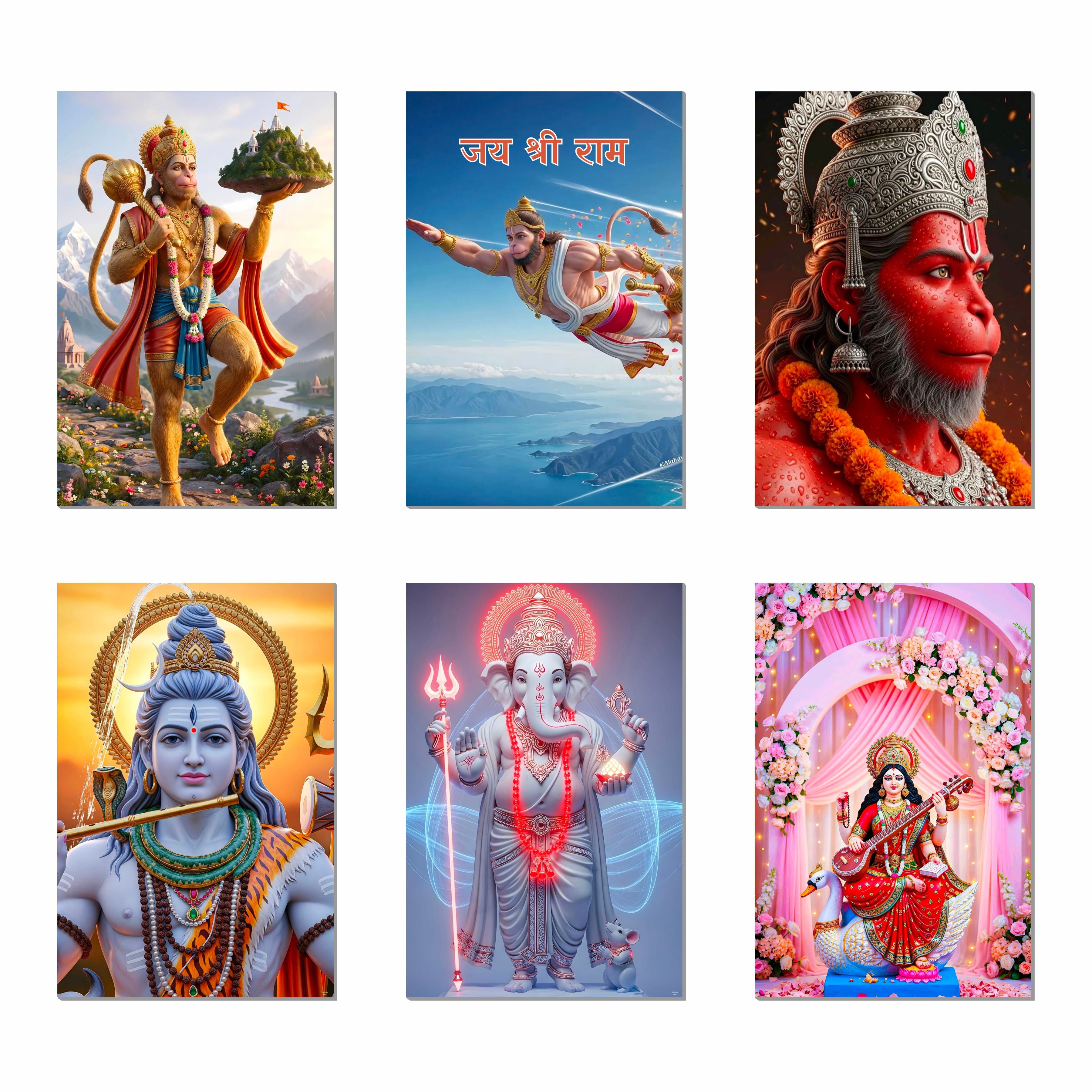 Hanuman Ji Ganesh Ji Bholenath Saraswati Ji Religious Posters (Pack of 6) A3 Size 300 GSM Paper Unframed Self Adhesive Laminated God Wall Art for Pooja Room and Home Temple