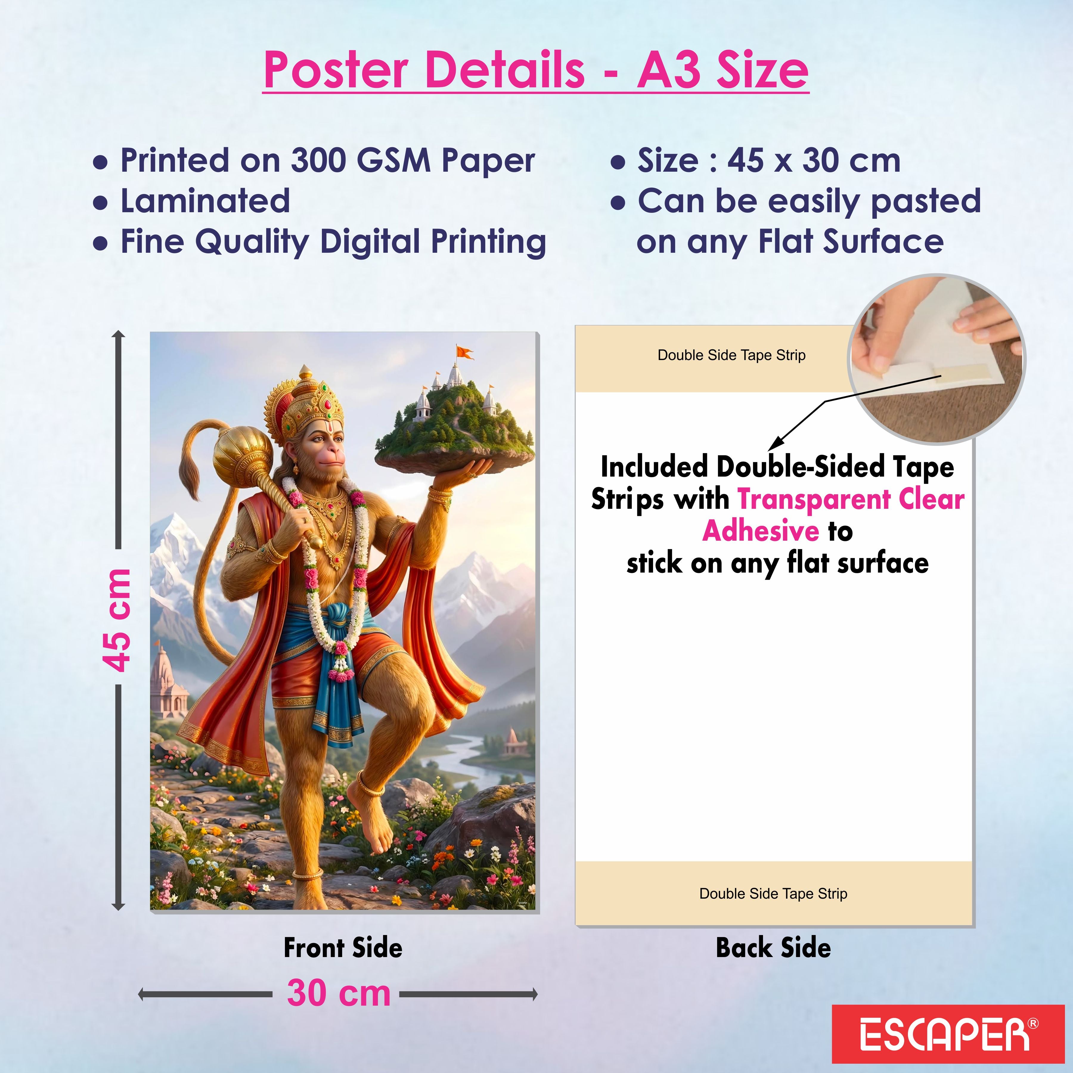 Hanuman Ji Ganesh Ji Bholenath Saraswati Ji Religious Posters (Pack of 6) A3 Size 300 GSM Paper Unframed Self Adhesive Laminated God Wall Art for Pooja Room and Home Temple
