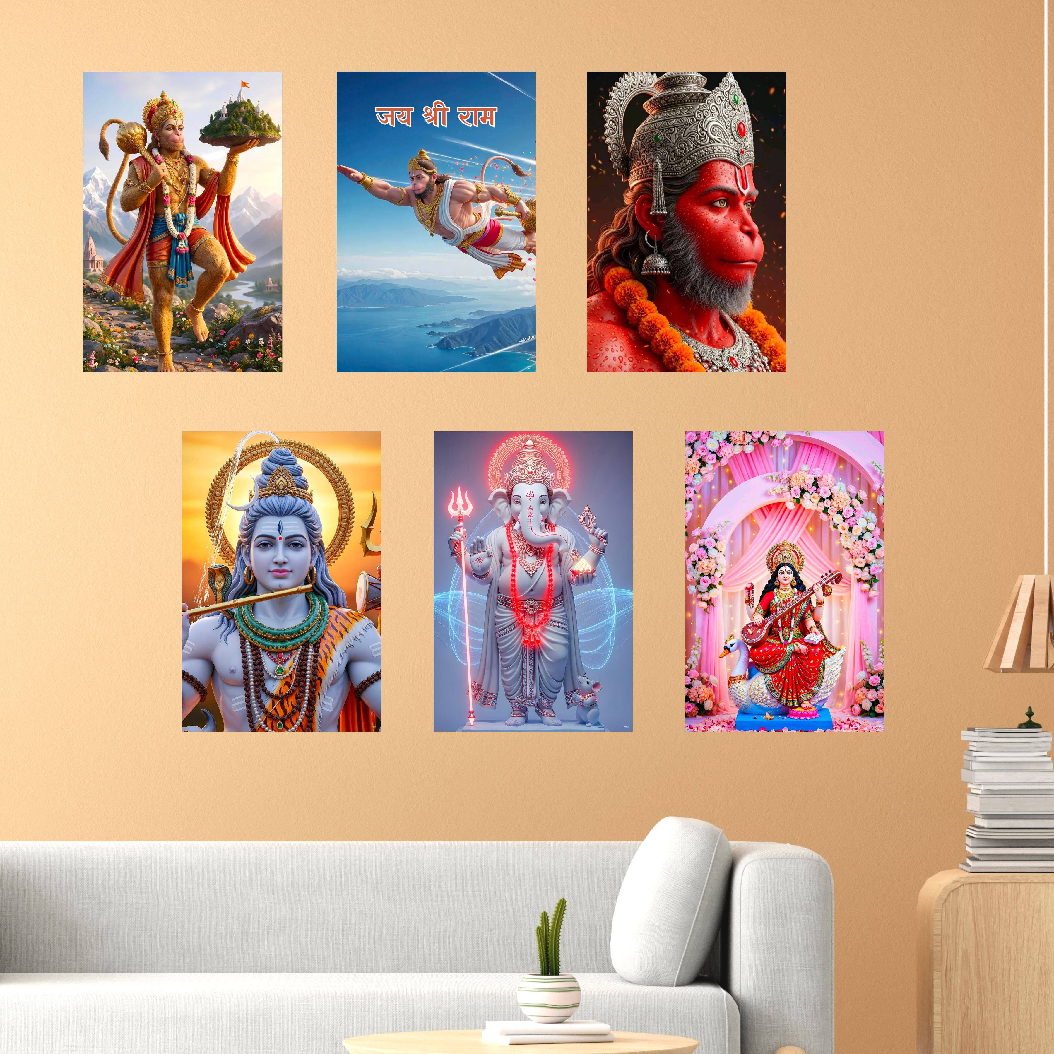 Hanuman Ji Ganesh Ji Bholenath Saraswati Ji Religious Posters (Pack of 6) A3 Size 300 GSM Paper Unframed Self Adhesive Laminated God Wall Art for Pooja Room and Home Temple
