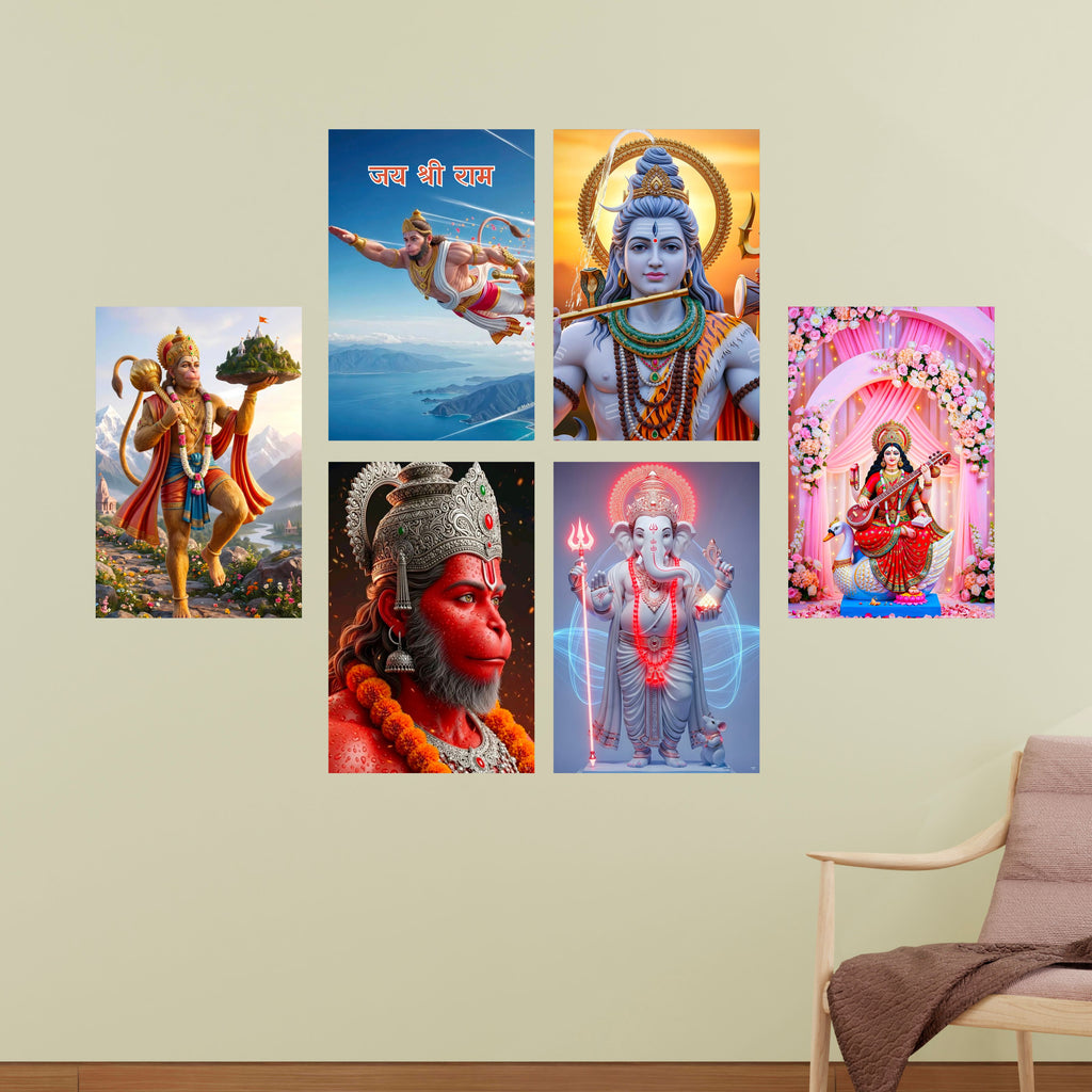 Hanuman Ji Ganesh Ji Bholenath Saraswati Ji Religious Posters (Pack of 6) A3 Size 300 GSM Paper Unframed Self Adhesive Laminated God Wall Art for Pooja Room and Home Temple