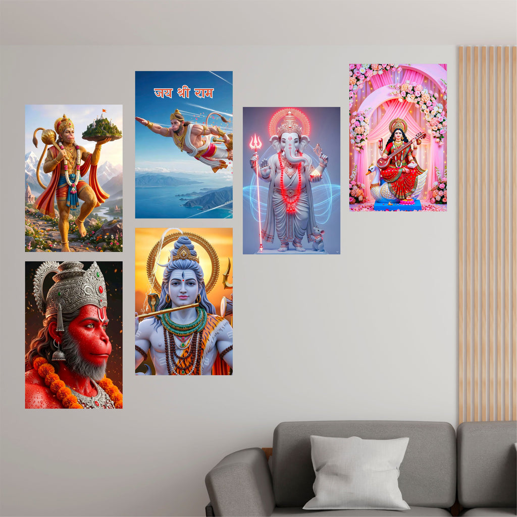 Hanuman Ji Ganesh Ji Bholenath Saraswati Ji Religious Posters (Pack of 6) A3 Size 300 GSM Paper Unframed Self Adhesive Laminated God Wall Art for Pooja Room and Home Temple