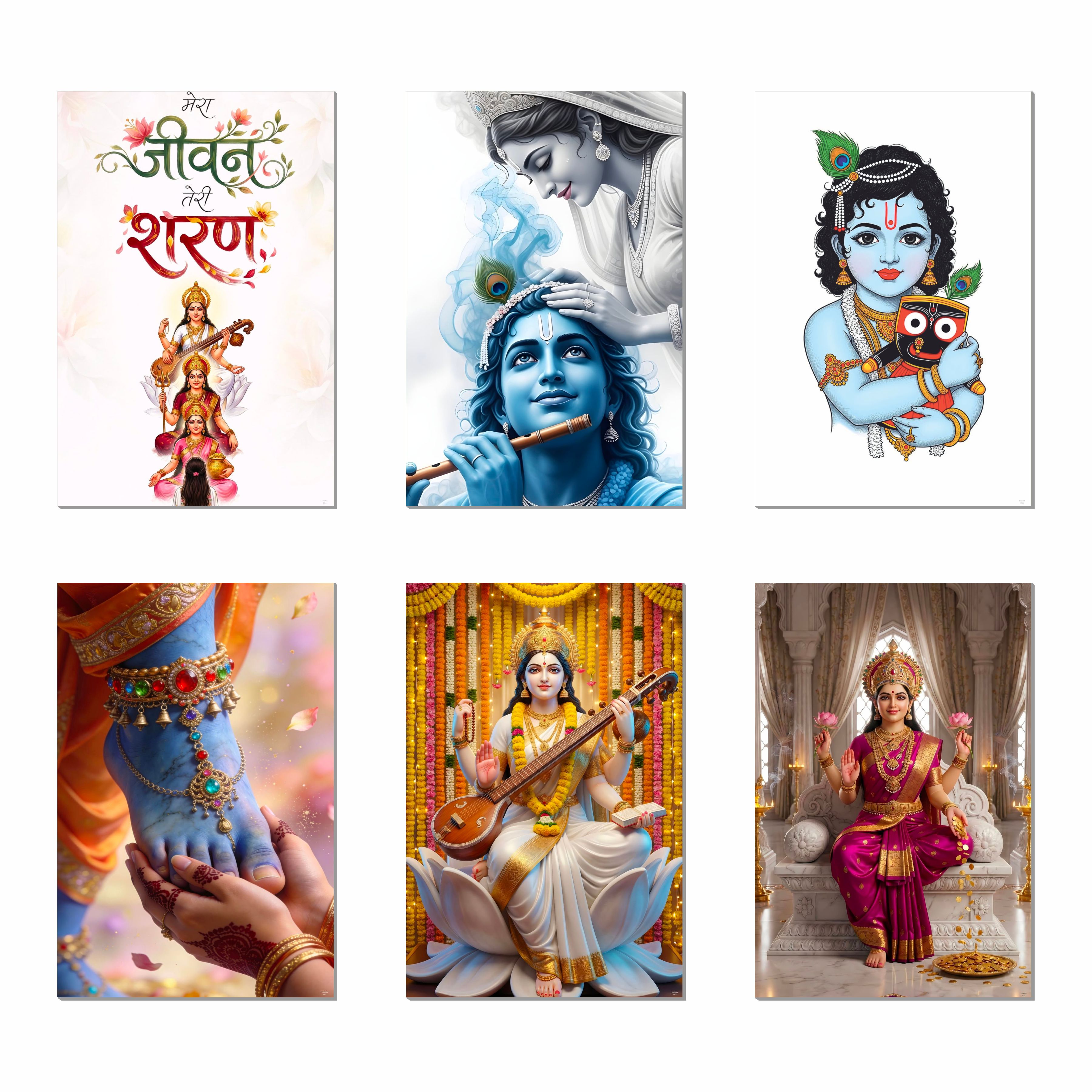 Religious God & Goddess Wall Posters for Pooja Room (Pack of 6) Self-Adhesive Laminated A3 Size 300 GSM Paper Unframed Wall Art For Home Temple, Prayer Spaces