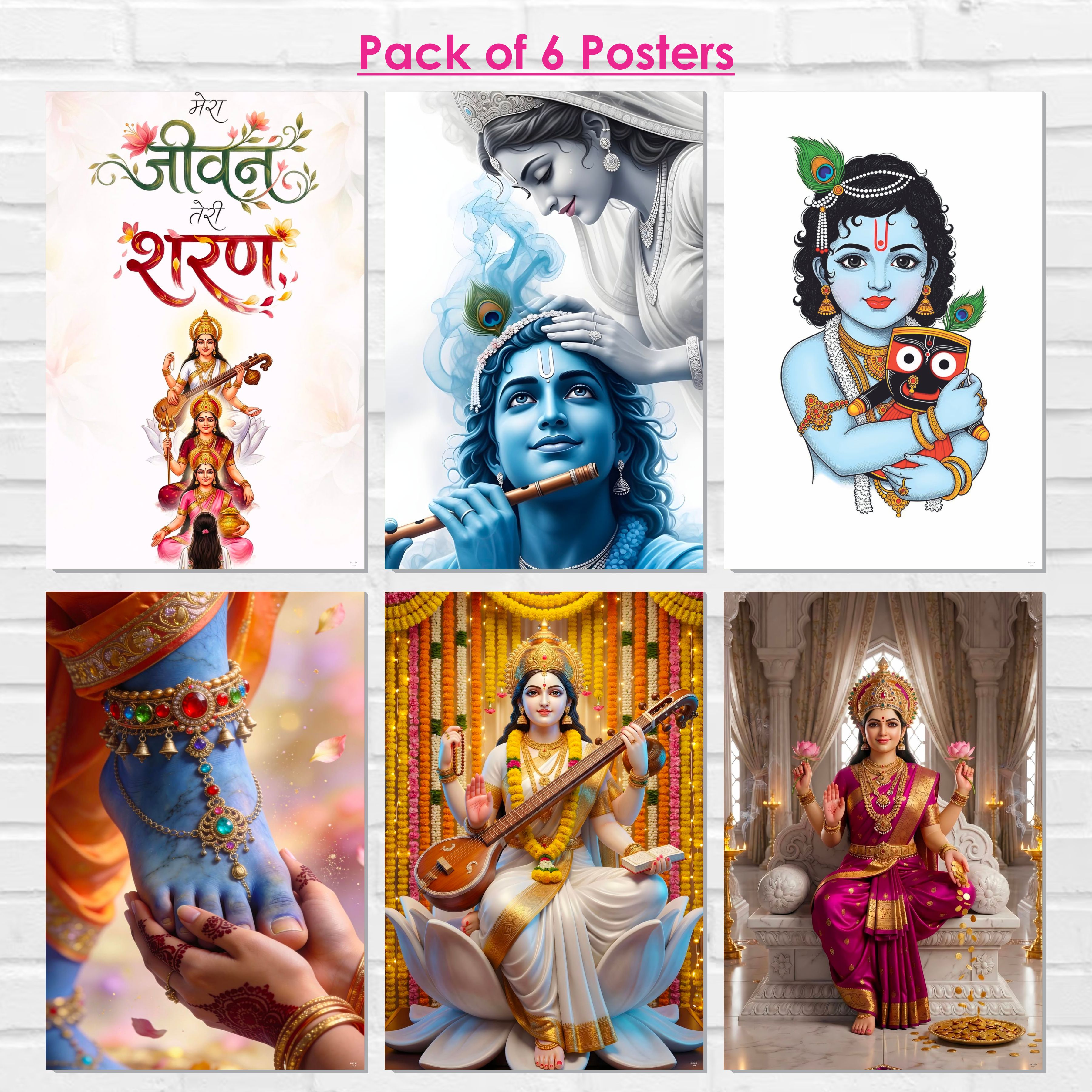 Religious God & Goddess Wall Posters for Pooja Room (Pack of 6) Self-Adhesive Laminated A3 Size 300 GSM Paper Unframed Wall Art For Home Temple, Prayer Spaces