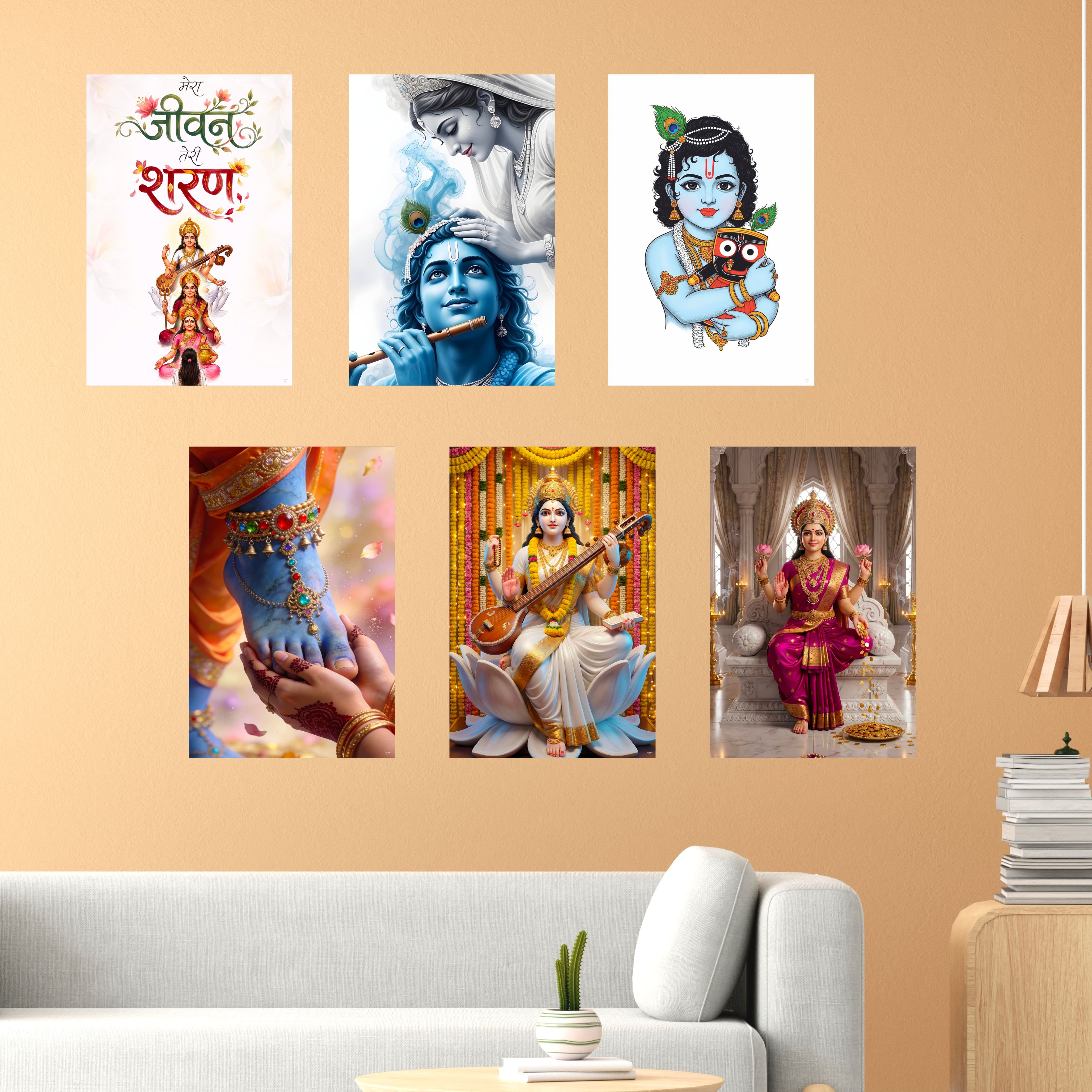 Religious God & Goddess Wall Posters for Pooja Room (Pack of 6) Self-Adhesive Laminated A3 Size 300 GSM Paper Unframed Wall Art For Home Temple, Prayer Spaces