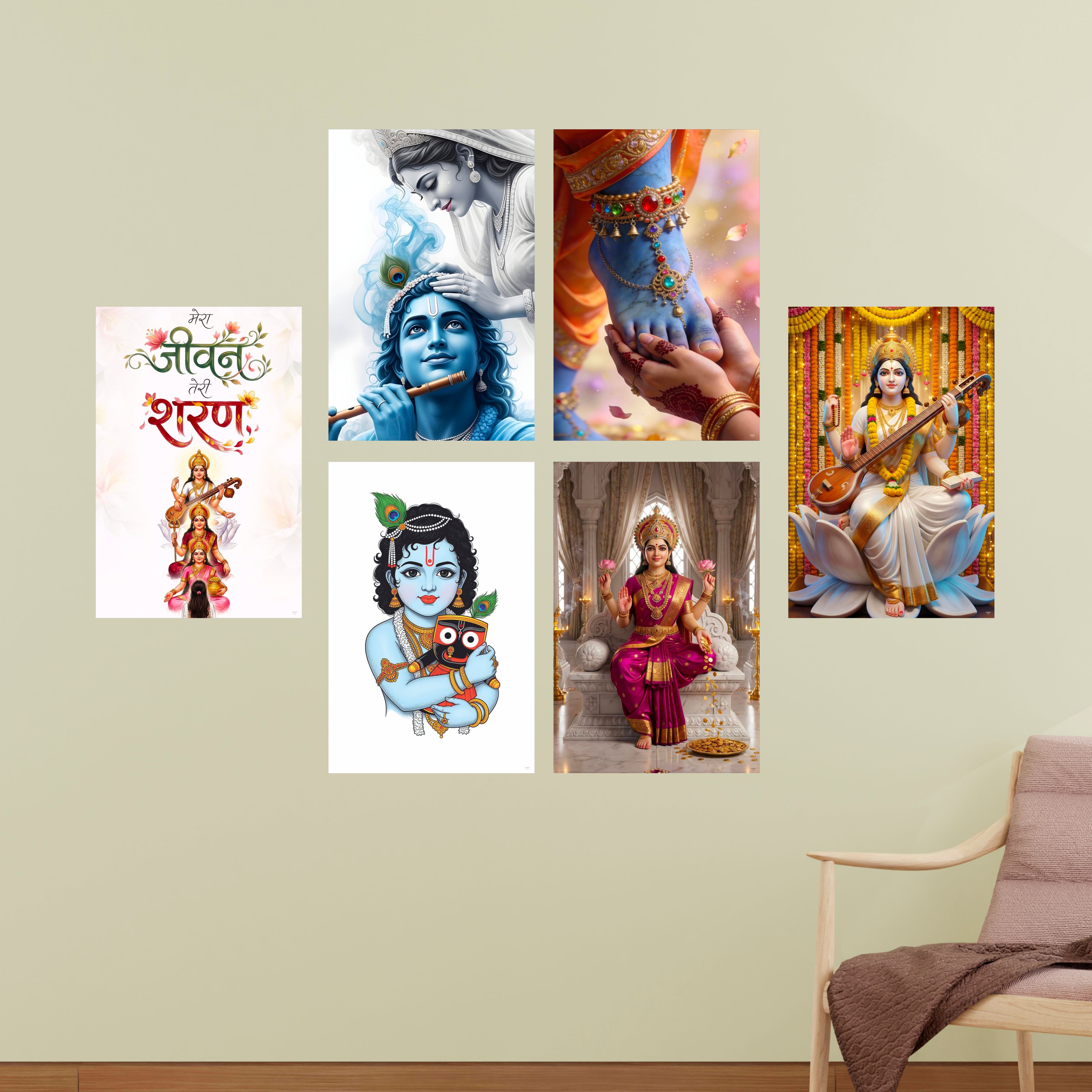 Religious God & Goddess Wall Posters for Pooja Room (Pack of 6) Self-Adhesive Laminated A3 Size 300 GSM Paper Unframed Wall Art For Home Temple, Prayer Spaces