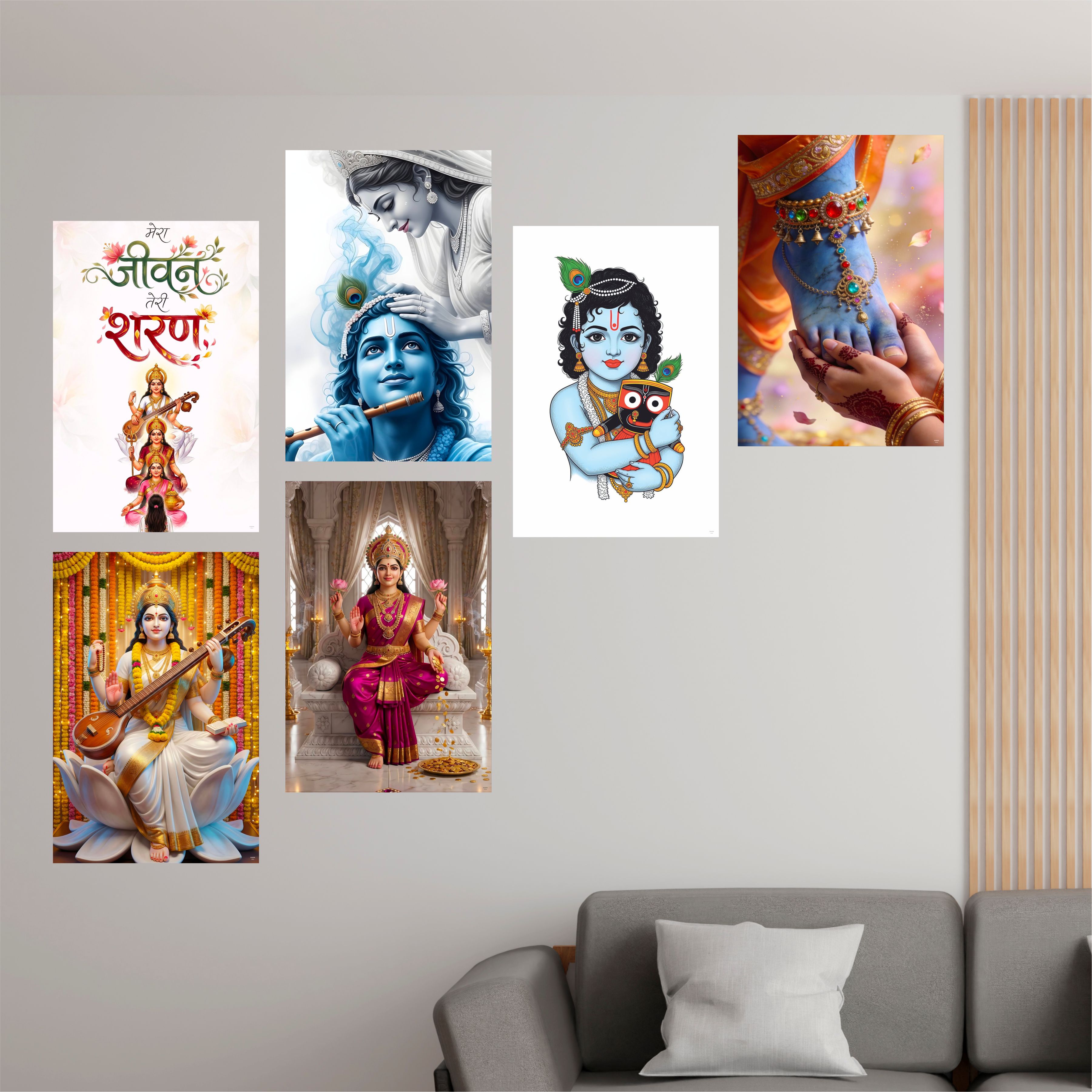 Religious God & Goddess Wall Posters for Pooja Room (Pack of 6) Self-Adhesive Laminated A3 Size 300 GSM Paper Unframed Wall Art For Home Temple, Prayer Spaces