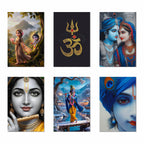 Radha Krishna, Om, Bal Gopal Posters, Religious God & Goddess Wall Posters for Pooja Room (Pack of 6) Self-Adhesive Laminated A3 Size 300 GSM Paper Unframed Wall Art For Home Temple, Prayer Spaces