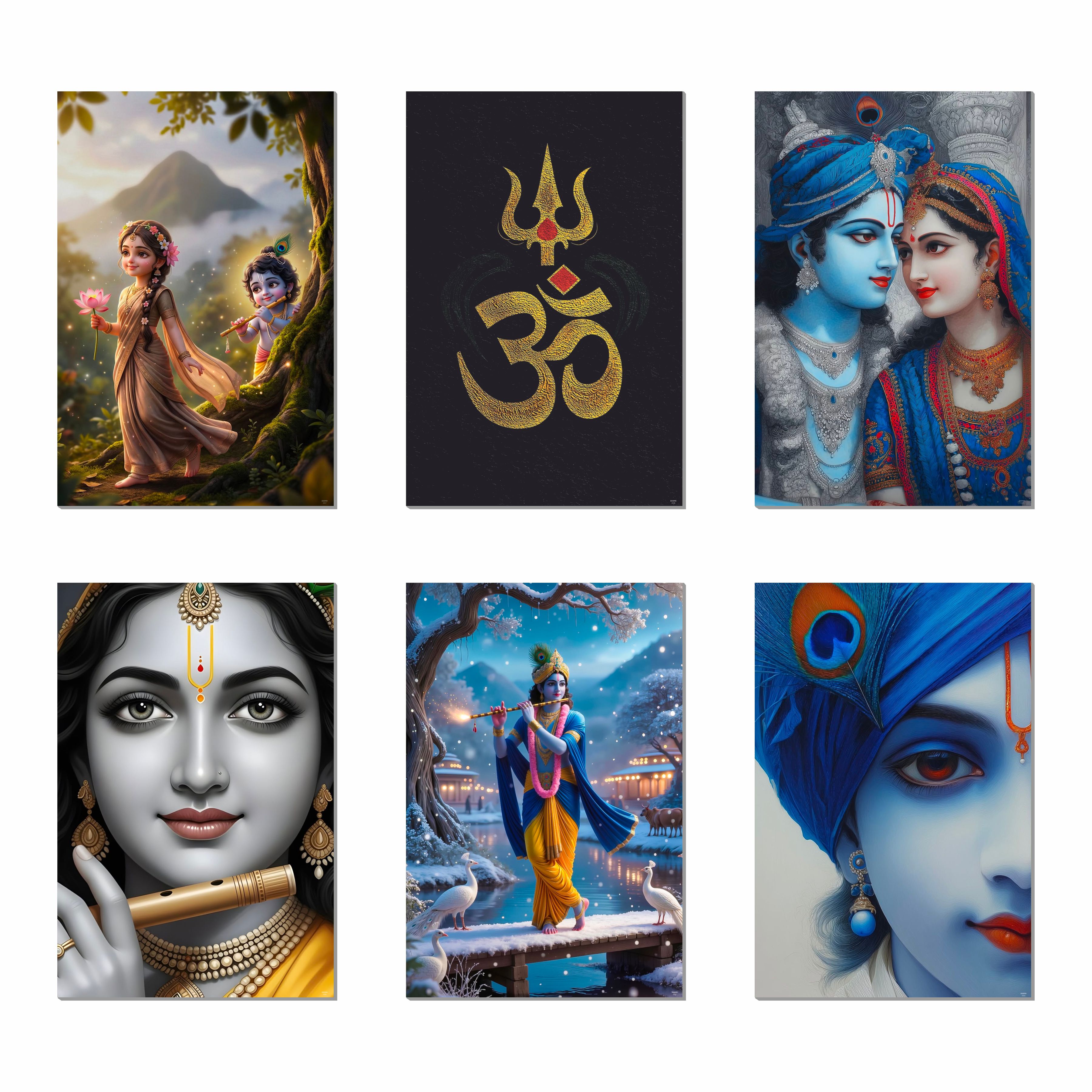 Radha Krishna, Om, Bal Gopal Posters, Religious God & Goddess Wall Posters for Pooja Room (Pack of 6) Self-Adhesive Laminated A3 Size 300 GSM Paper Unframed Wall Art For Home Temple, Prayer Spaces