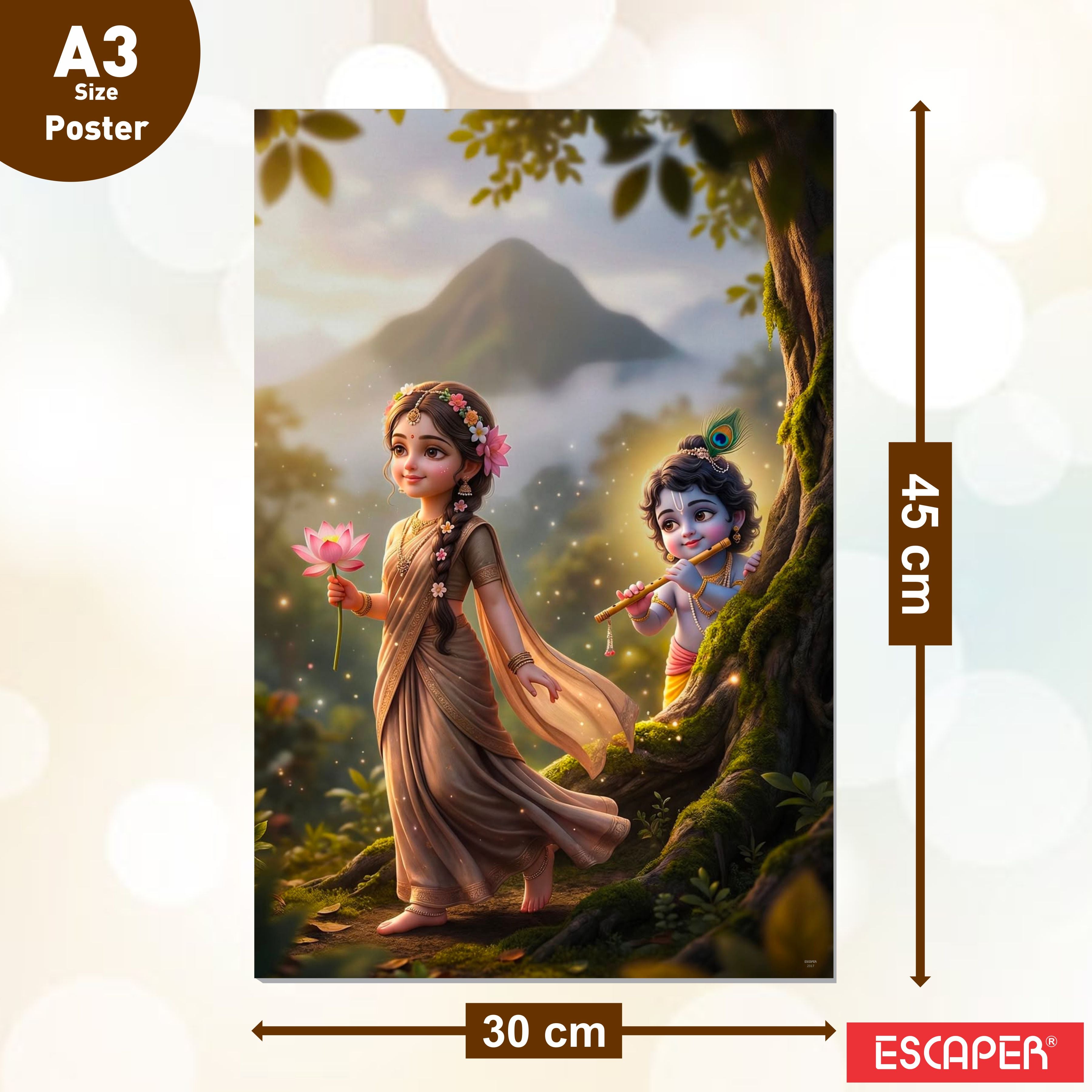 Radha Krishna, Om, Bal Gopal Posters, Religious God & Goddess Wall Posters for Pooja Room (Pack of 6) Self-Adhesive Laminated A3 Size 300 GSM Paper Unframed Wall Art For Home Temple, Prayer Spaces