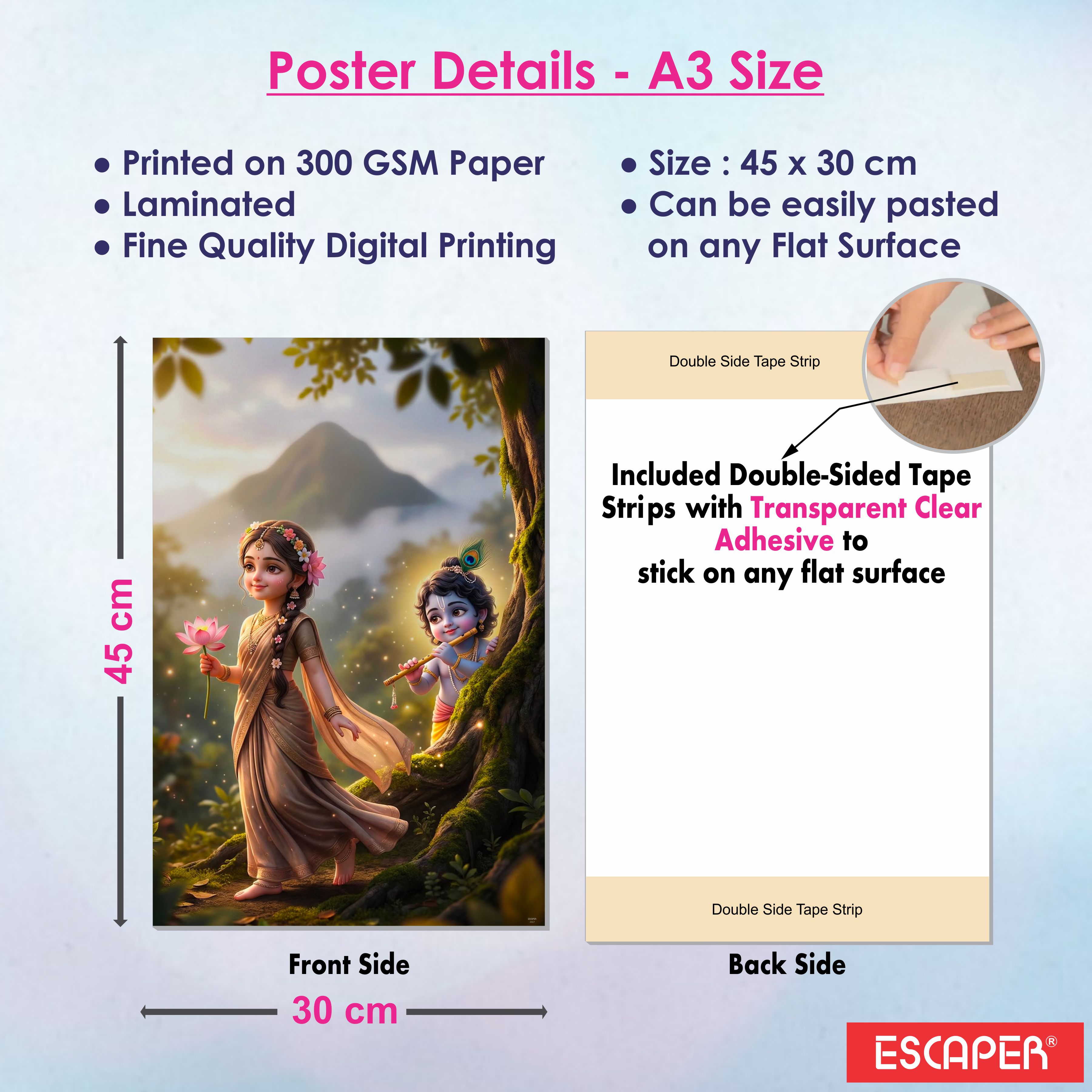 Radha Krishna, Om, Bal Gopal Posters, Religious God & Goddess Wall Posters for Pooja Room (Pack of 6) Self-Adhesive Laminated A3 Size 300 GSM Paper Unframed Wall Art For Home Temple, Prayer Spaces