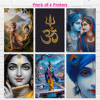 Radha Krishna, Om, Bal Gopal Posters, Religious God & Goddess Wall Posters for Pooja Room (Pack of 6) Self-Adhesive Laminated A3 Size 300 GSM Paper Unframed Wall Art For Home Temple, Prayer Spaces