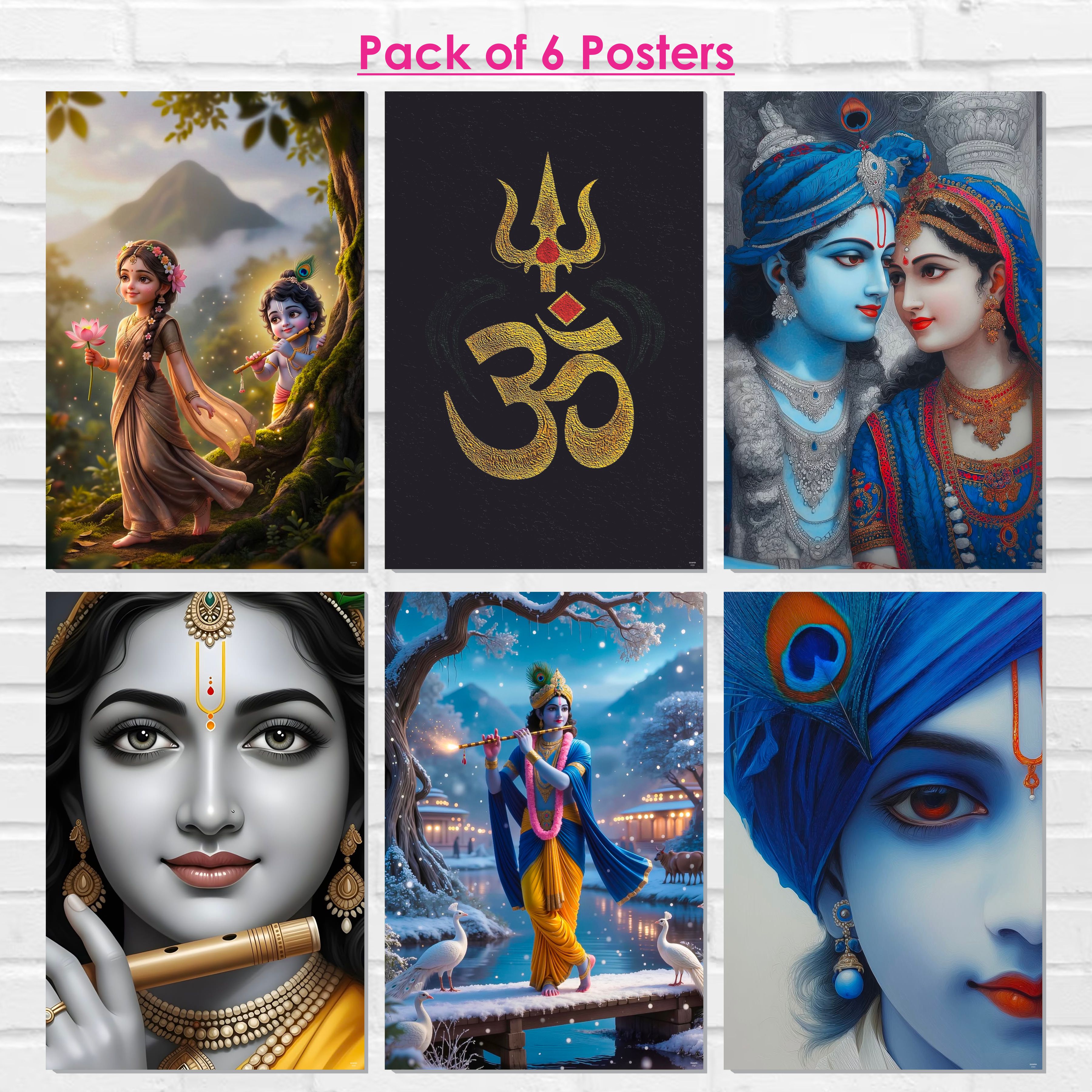 Radha Krishna, Om, Bal Gopal Posters, Religious God & Goddess Wall Posters for Pooja Room (Pack of 6) Self-Adhesive Laminated A3 Size 300 GSM Paper Unframed Wall Art For Home Temple, Prayer Spaces