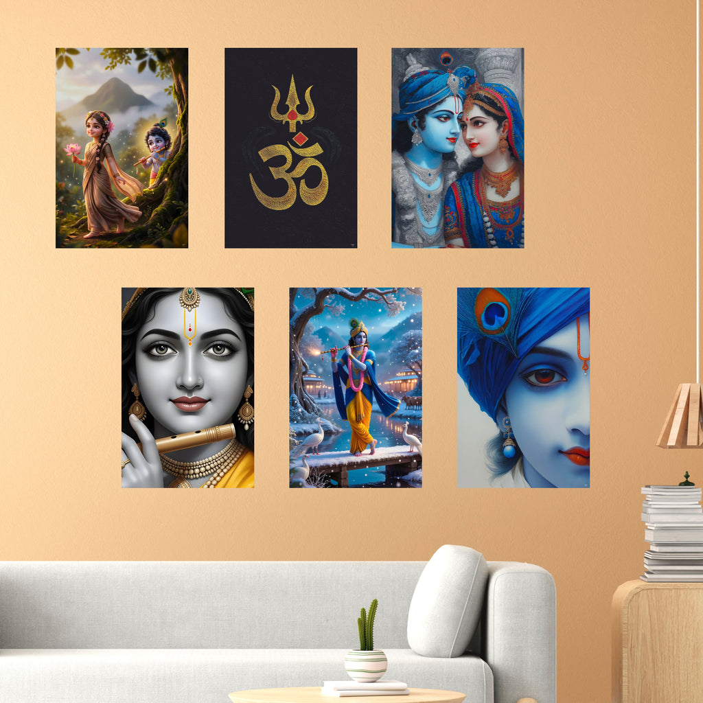 Radha Krishna, Om, Bal Gopal Posters, Religious God & Goddess Wall Posters for Pooja Room (Pack of 6) Self-Adhesive Laminated A3 Size 300 GSM Paper Unframed Wall Art For Home Temple, Prayer Spaces