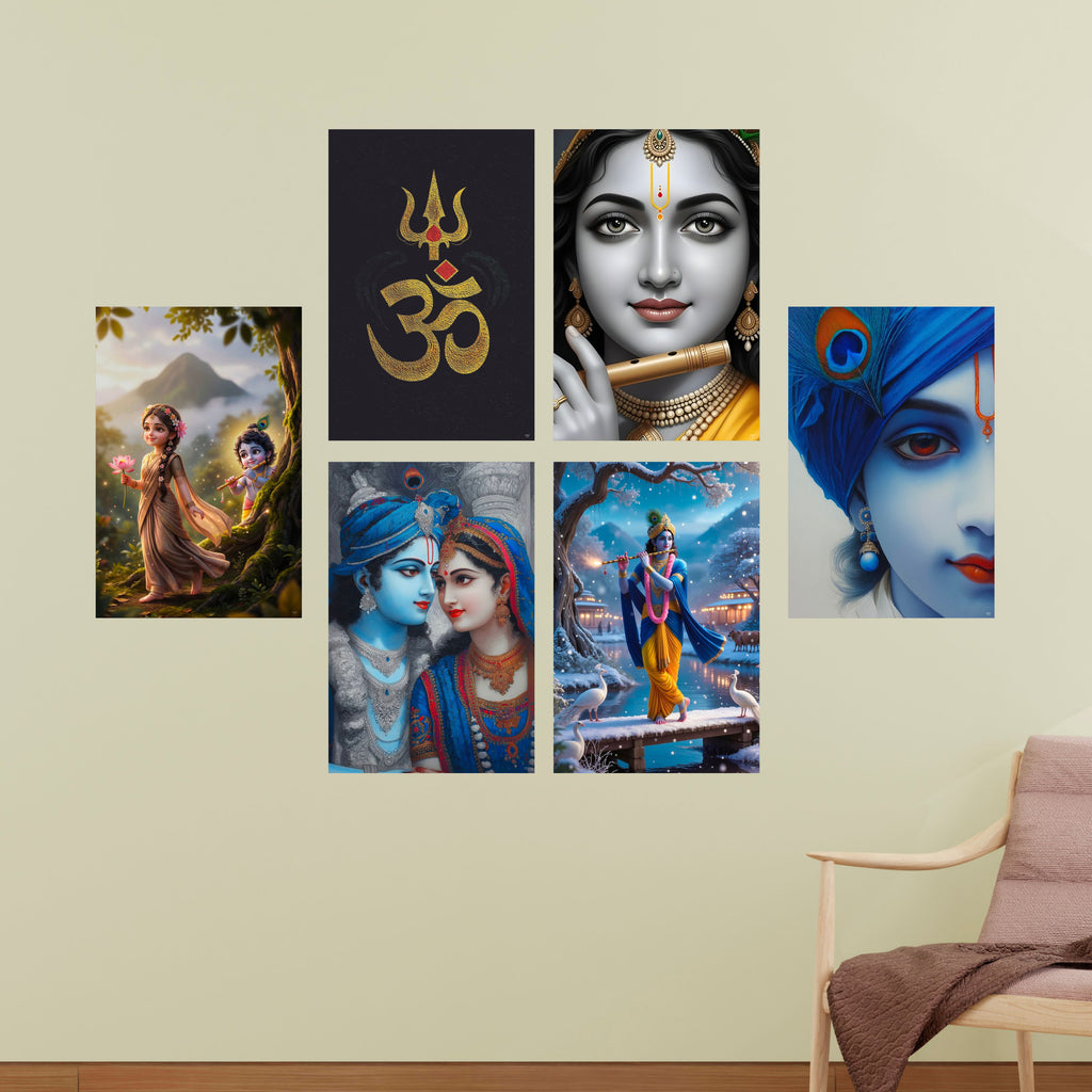 Radha Krishna, Om, Bal Gopal Posters, Religious God & Goddess Wall Posters for Pooja Room (Pack of 6) Self-Adhesive Laminated A3 Size 300 GSM Paper Unframed Wall Art For Home Temple, Prayer Spaces