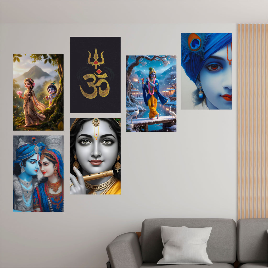 Radha Krishna, Om, Bal Gopal Posters, Religious God & Goddess Wall Posters for Pooja Room (Pack of 6) Self-Adhesive Laminated A3 Size 300 GSM Paper Unframed Wall Art For Home Temple, Prayer Spaces