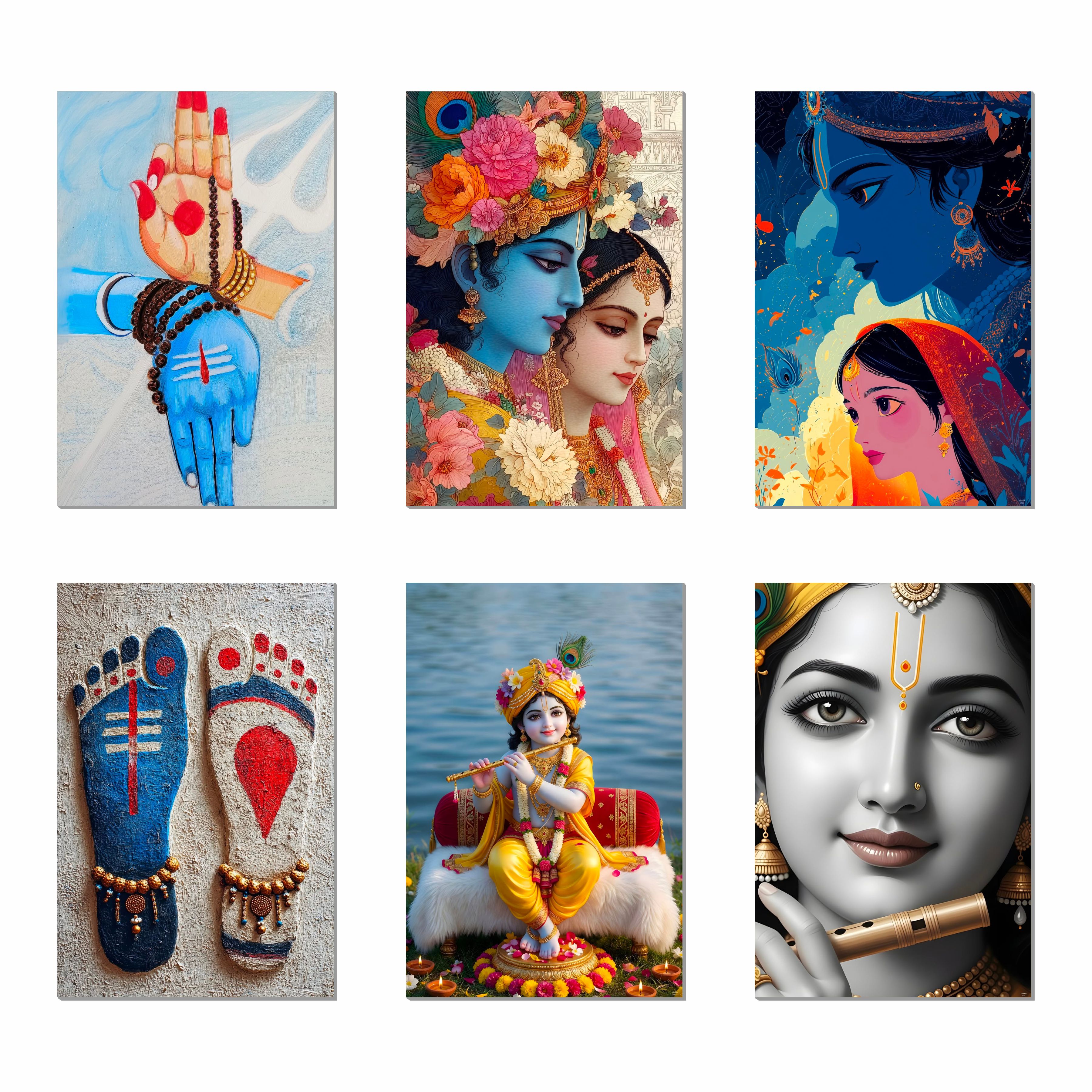 Radha Krishna Wall Decor Poster, Religious God & Goddess Posters for Pooja Room (Pack of 6) Self-Adhesive Laminated A3 Size 300 GSM Paper Unframed Wall Art For Home Temple, Prayer Spaces