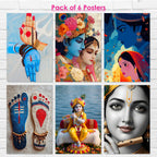 Radha Krishna Wall Decor Poster, Religious God & Goddess Posters for Pooja Room (Pack of 6) Self-Adhesive Laminated A3 Size 300 GSM Paper Unframed Wall Art For Home Temple, Prayer Spaces