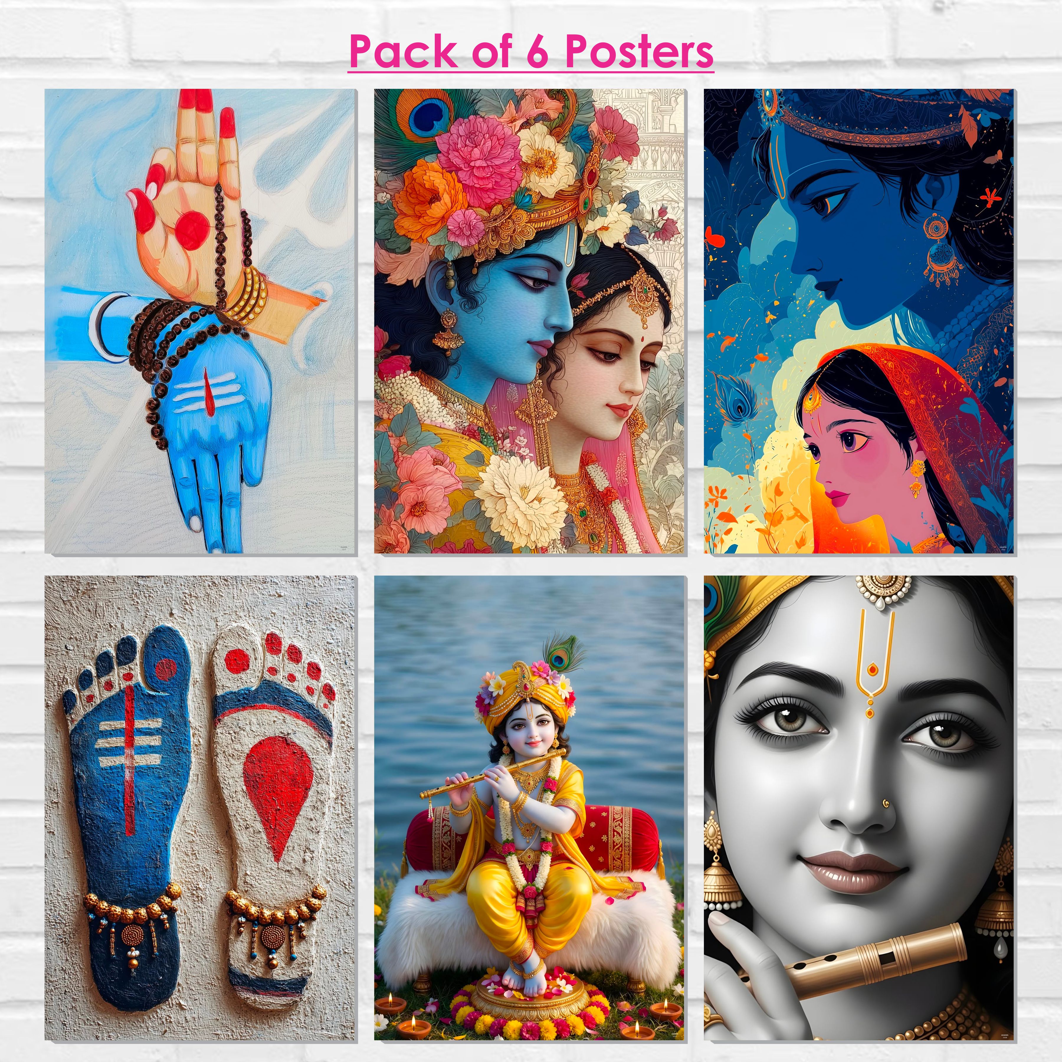 Radha Krishna Wall Decor Poster, Religious God & Goddess Posters for Pooja Room (Pack of 6) Self-Adhesive Laminated A3 Size 300 GSM Paper Unframed Wall Art For Home Temple, Prayer Spaces