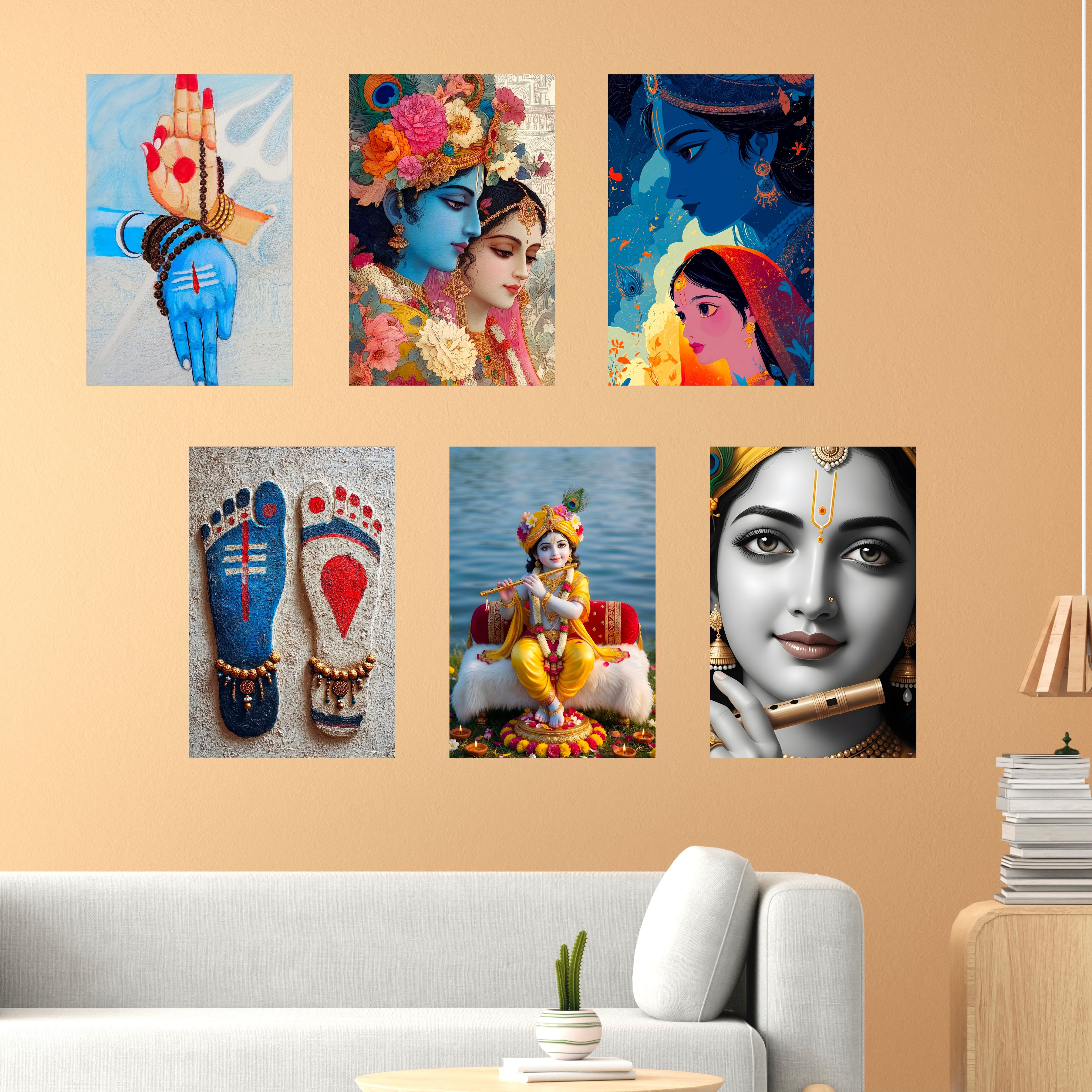 Radha Krishna Wall Decor Poster, Religious God & Goddess Posters for Pooja Room (Pack of 6) Self-Adhesive Laminated A3 Size 300 GSM Paper Unframed Wall Art For Home Temple, Prayer Spaces