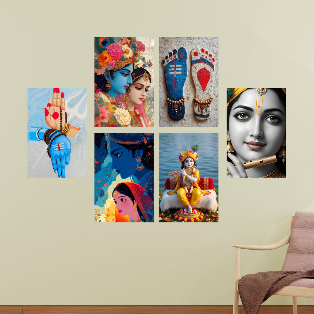 Radha Krishna Wall Decor Poster, Religious God & Goddess Posters for Pooja Room (Pack of 6) Self-Adhesive Laminated A3 Size 300 GSM Paper Unframed Wall Art For Home Temple, Prayer Spaces