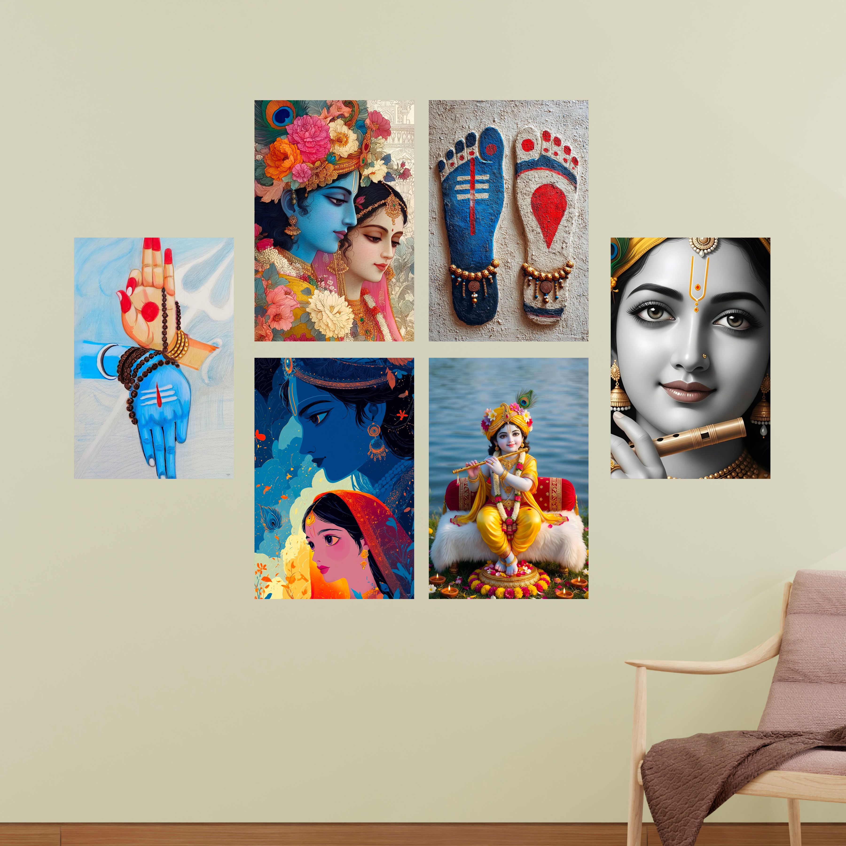 Radha Krishna Wall Decor Poster, Religious God & Goddess Posters for Pooja Room (Pack of 6) Self-Adhesive Laminated A3 Size 300 GSM Paper Unframed Wall Art For Home Temple, Prayer Spaces