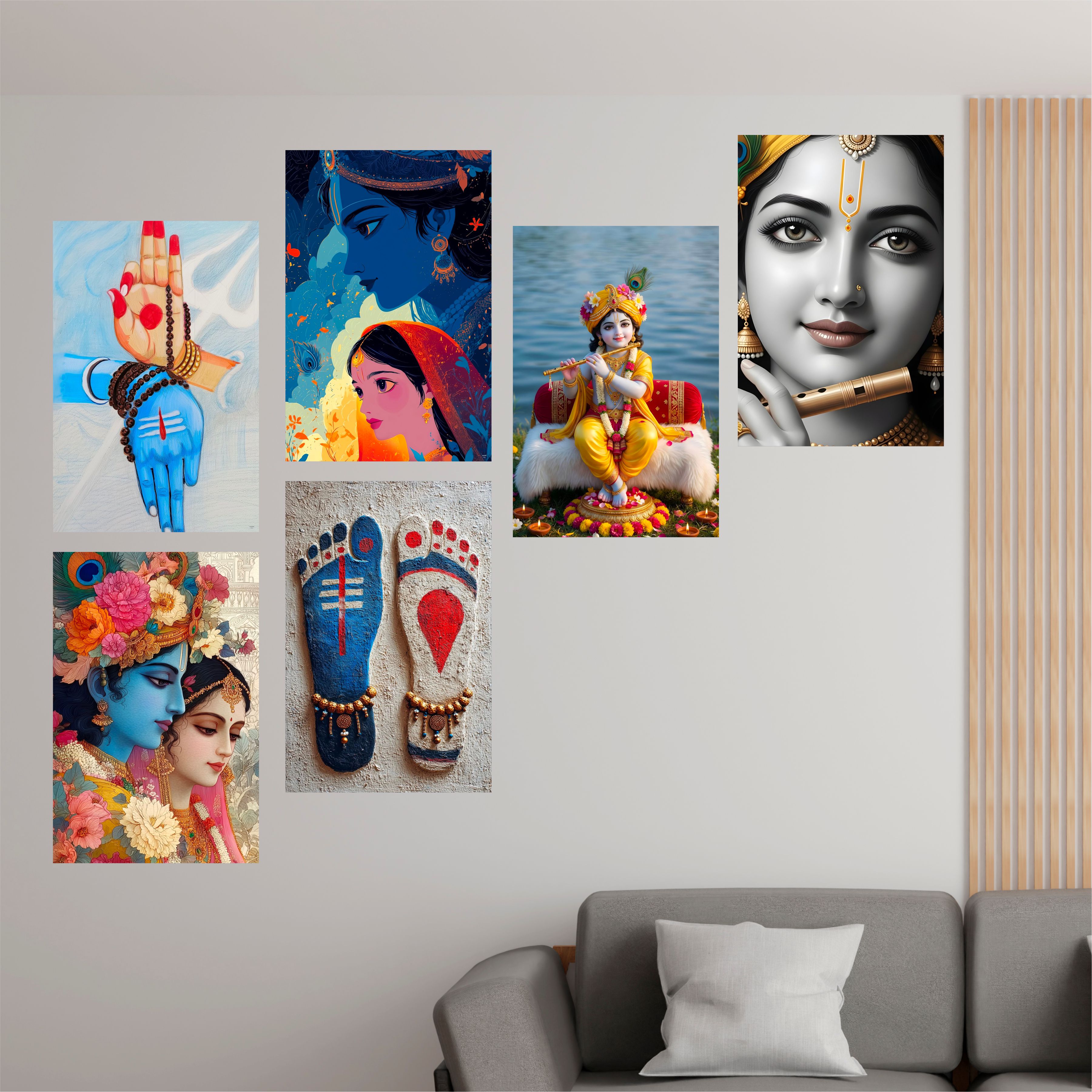 Radha Krishna Wall Decor Poster, Religious God & Goddess Posters for Pooja Room (Pack of 6) Self-Adhesive Laminated A3 Size 300 GSM Paper Unframed Wall Art For Home Temple, Prayer Spaces