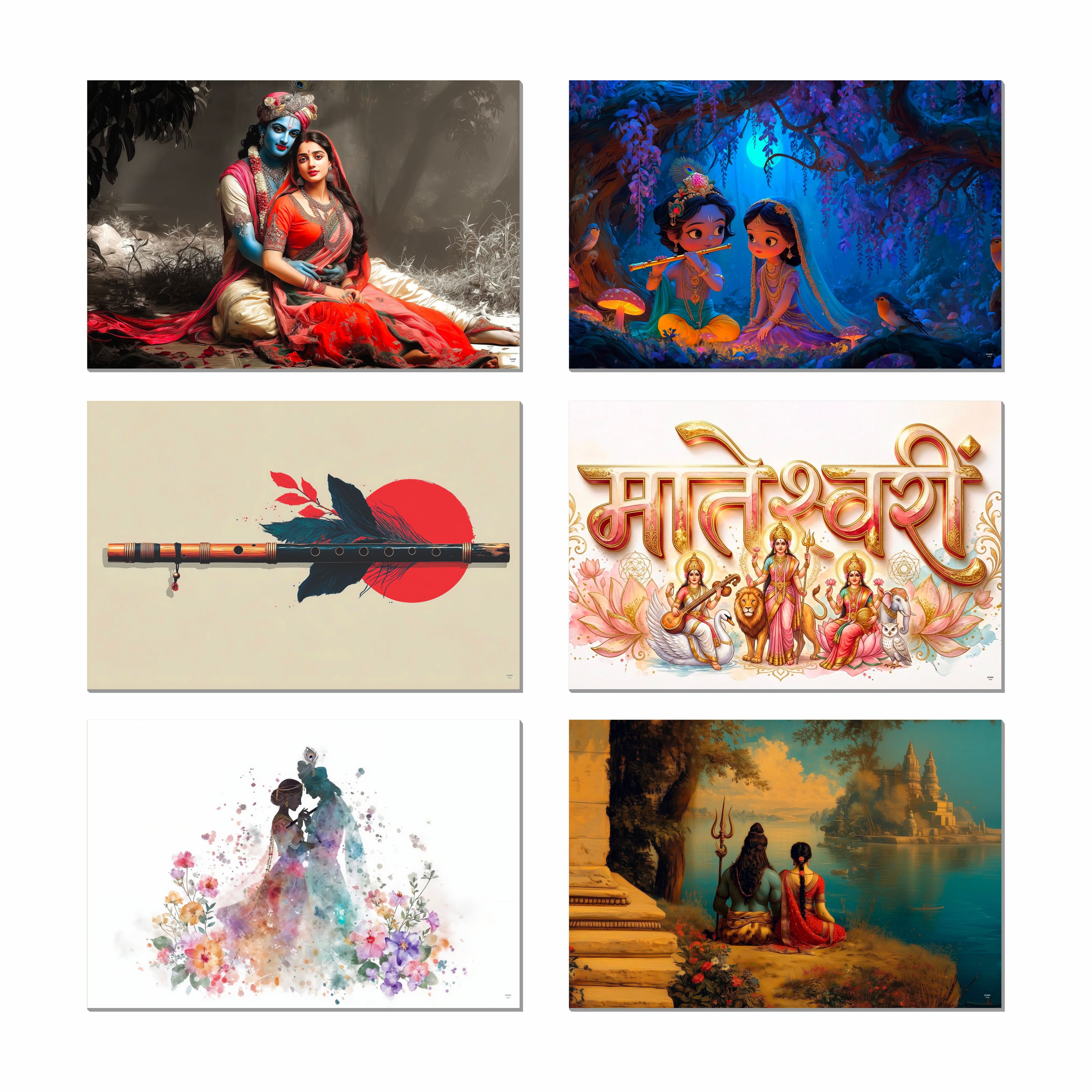 Radha Krishna, Shiv Parvati, Mateshwari Goddess, Flute Wall Decor Poster, Religious God & Goddess Wall Posters for Pooja Room (Pack of 6) Self-Adhesive Laminated A3 Size 300 GSM Paper Unframed Wall Art For Home Temple, Prayer Spaces