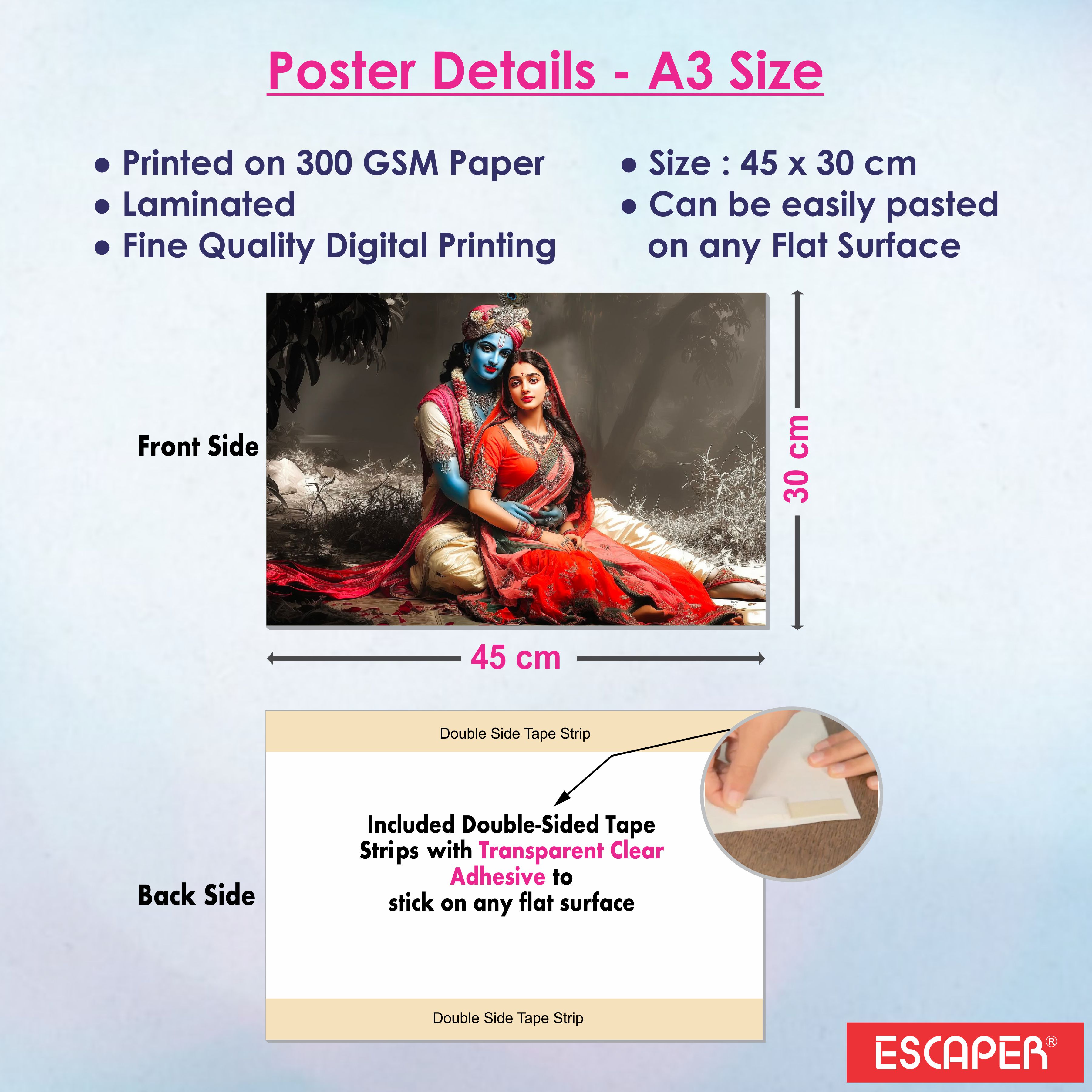 Radha Krishna, Shiv Parvati, Mateshwari Goddess, Flute Wall Decor Poster, Religious God & Goddess Wall Posters for Pooja Room (Pack of 6) Self-Adhesive Laminated A3 Size 300 GSM Paper Unframed Wall Art For Home Temple, Prayer Spaces