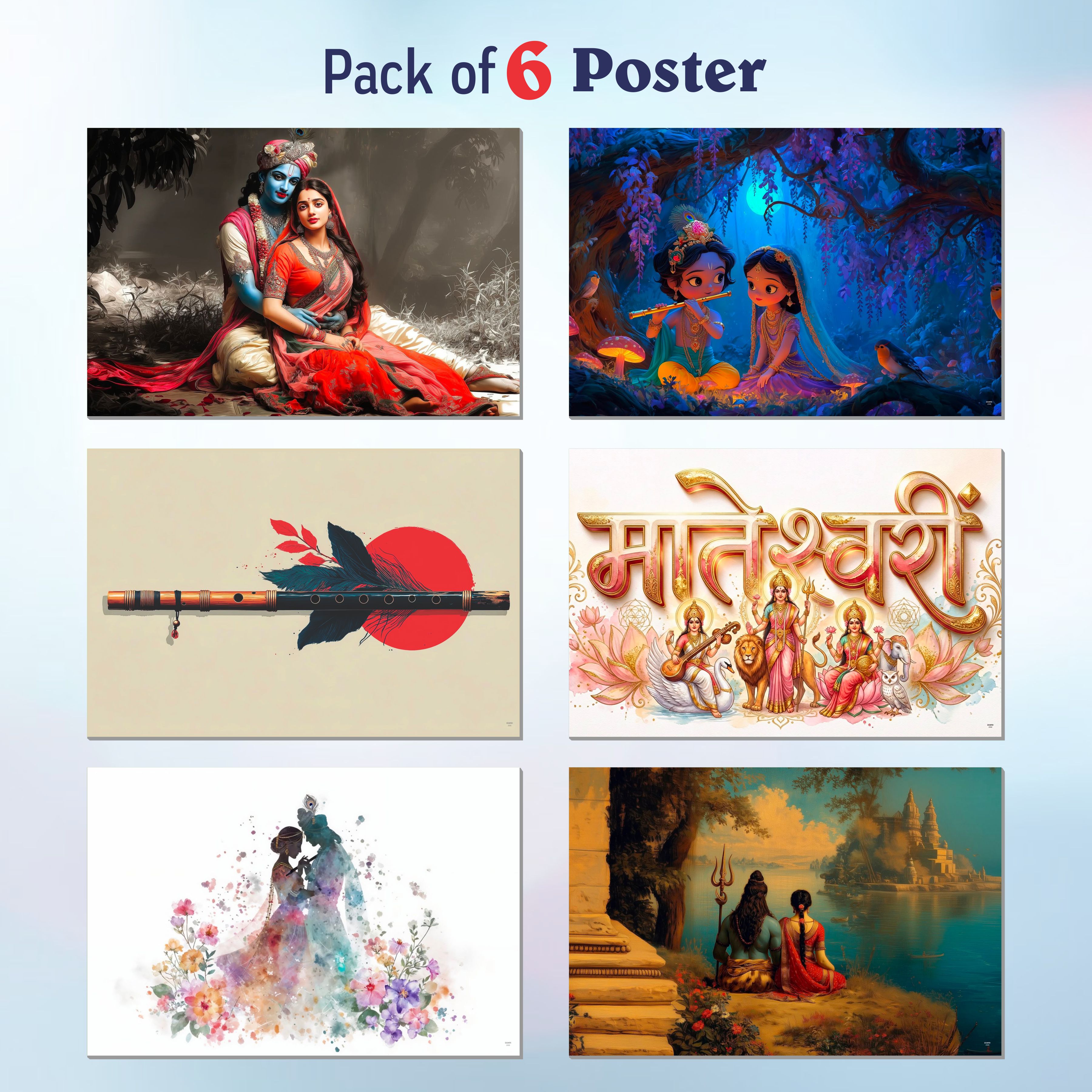 Radha Krishna, Shiv Parvati, Mateshwari Goddess, Flute Wall Decor Poster, Religious God & Goddess Wall Posters for Pooja Room (Pack of 6) Self-Adhesive Laminated A3 Size 300 GSM Paper Unframed Wall Art For Home Temple, Prayer Spaces