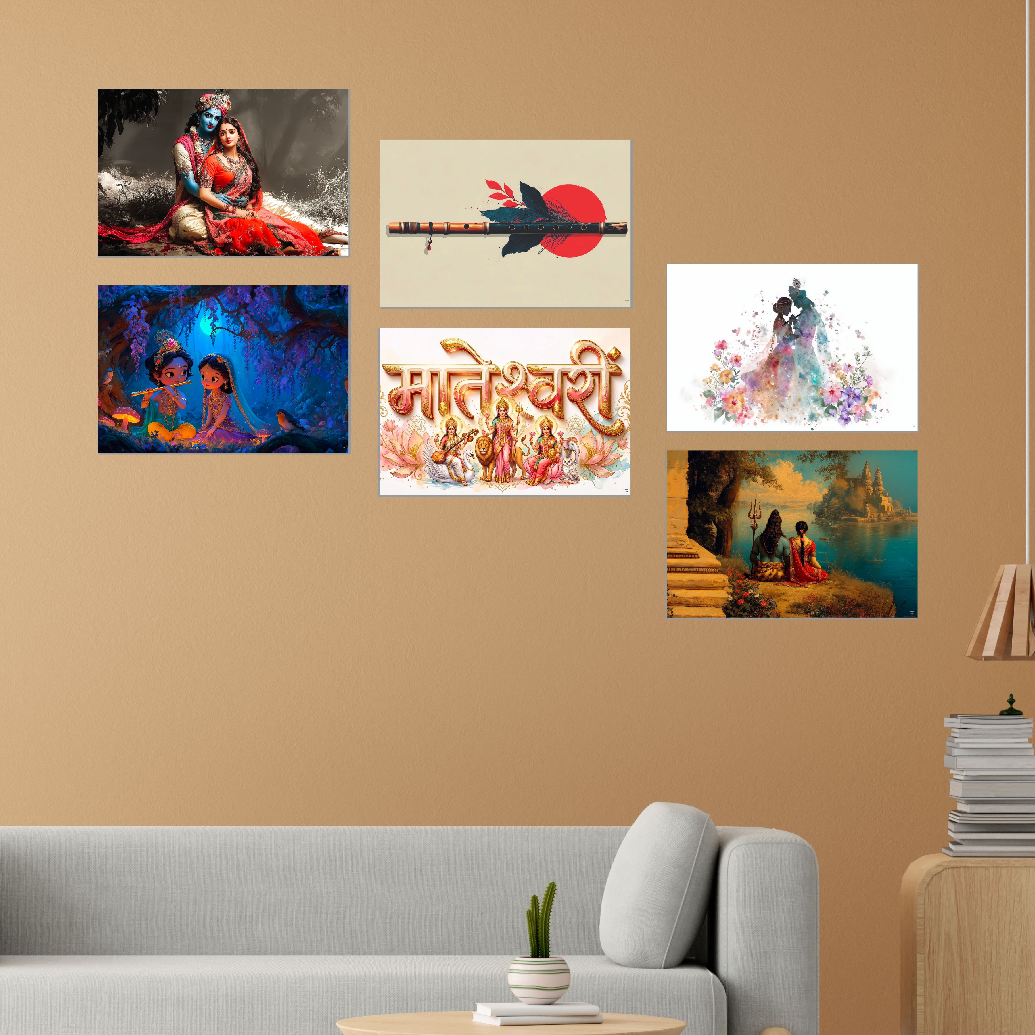 Radha Krishna, Shiv Parvati, Mateshwari Goddess, Flute Wall Decor Poster, Religious God & Goddess Wall Posters for Pooja Room (Pack of 6) Self-Adhesive Laminated A3 Size 300 GSM Paper Unframed Wall Art For Home Temple, Prayer Spaces