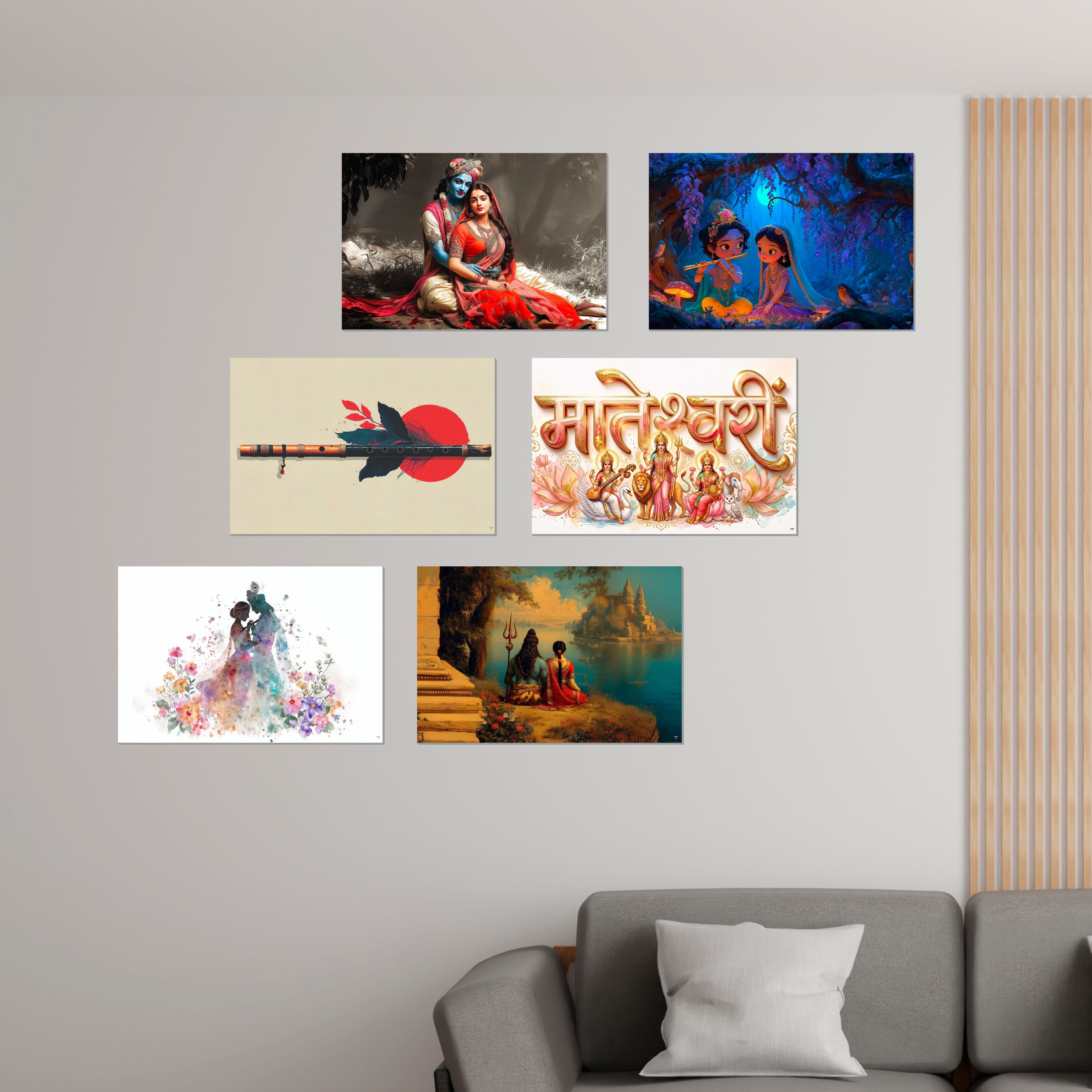 Radha Krishna, Shiv Parvati, Mateshwari Goddess, Flute Wall Decor Poster, Religious God & Goddess Wall Posters for Pooja Room (Pack of 6) Self-Adhesive Laminated A3 Size 300 GSM Paper Unframed Wall Art For Home Temple, Prayer Spaces