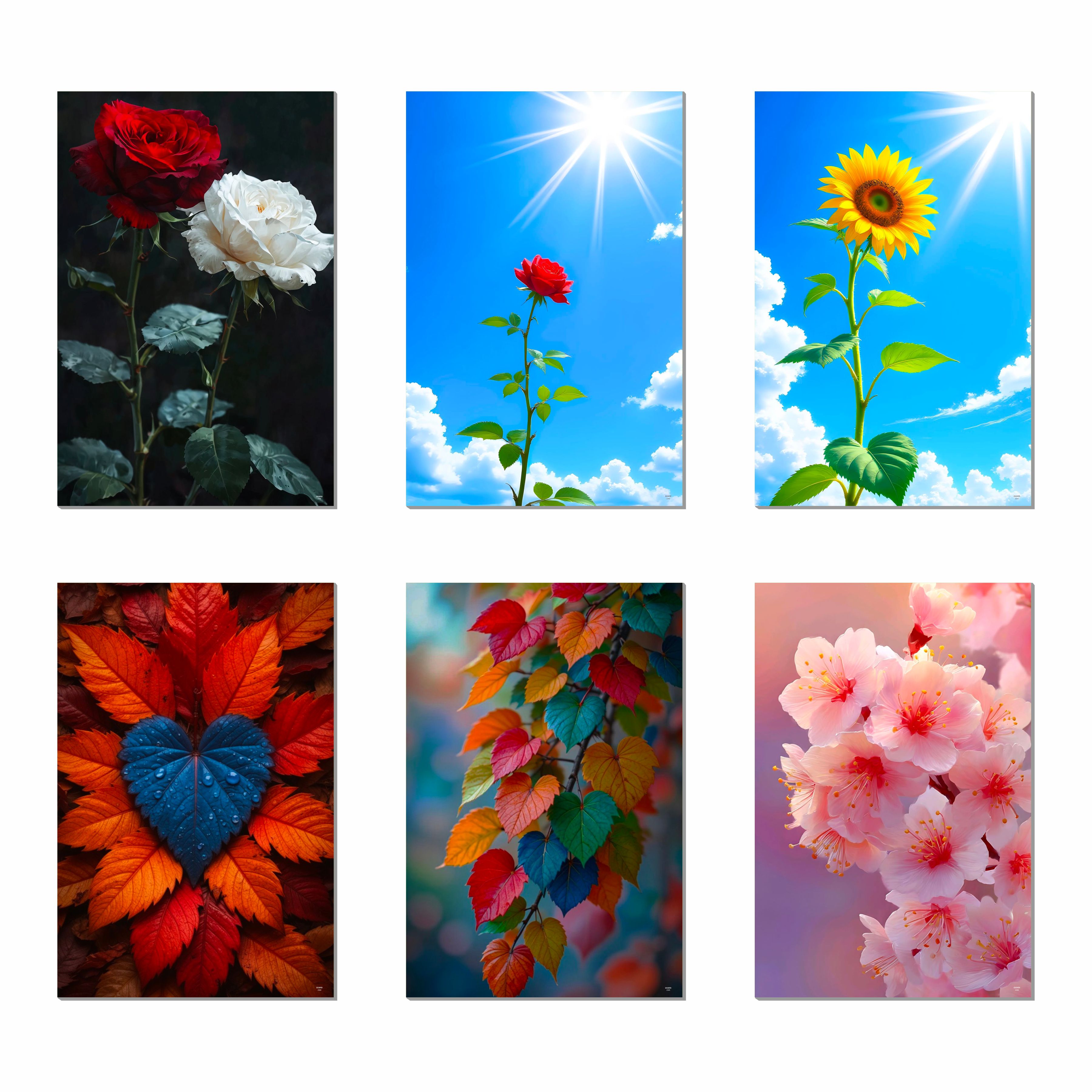 Flowers Wall Decor Poster (Pack Of 6) Self Adhesive Laminated A3 Size 300 GSM Paper Colorful Leaves Poster Unframed Floral Wall Art Posters for Living Room and Bedroom