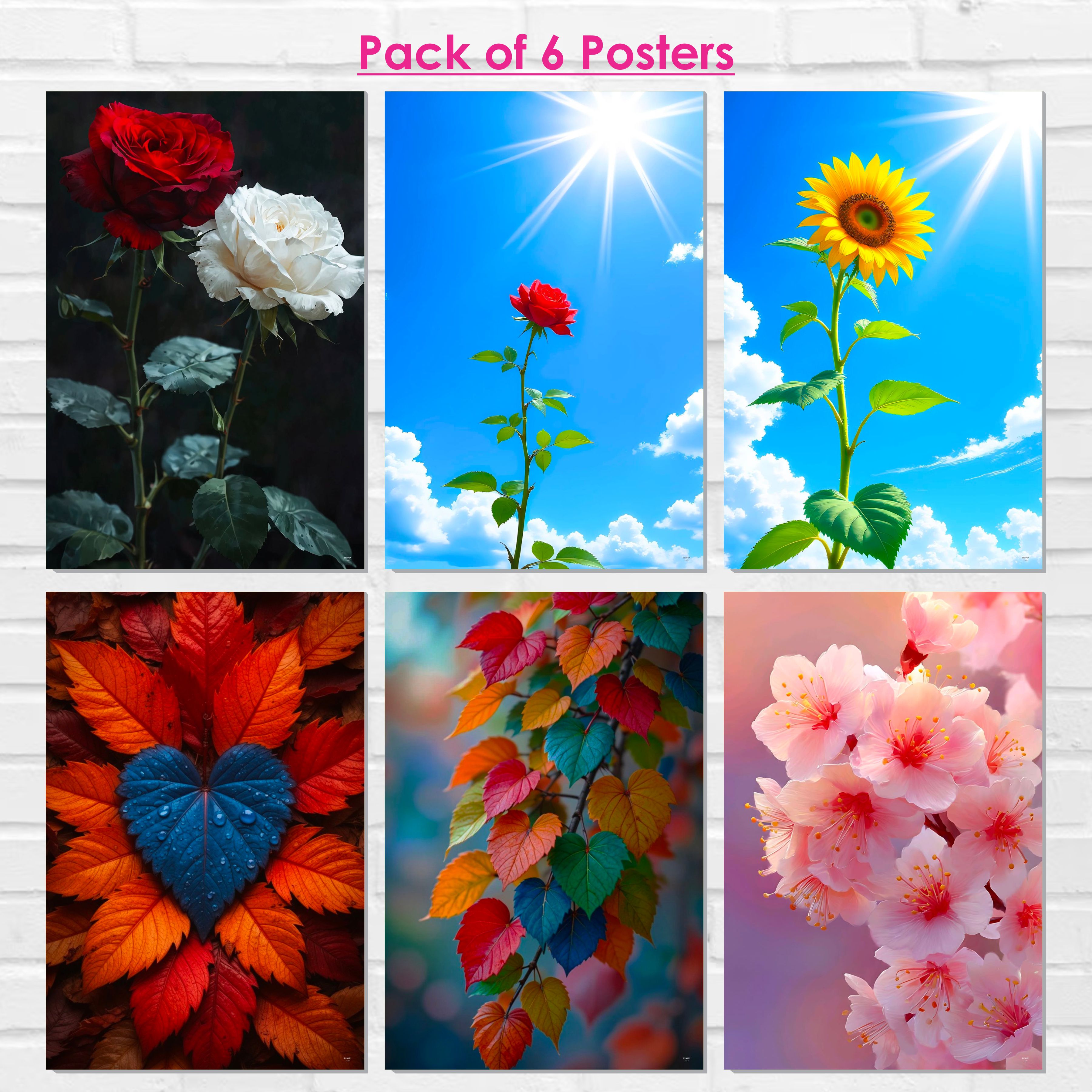 Flowers Wall Decor Poster (Pack Of 6) Self Adhesive Laminated A3 Size 300 GSM Paper Colorful Leaves Poster Unframed Floral Wall Art Posters for Living Room and Bedroom