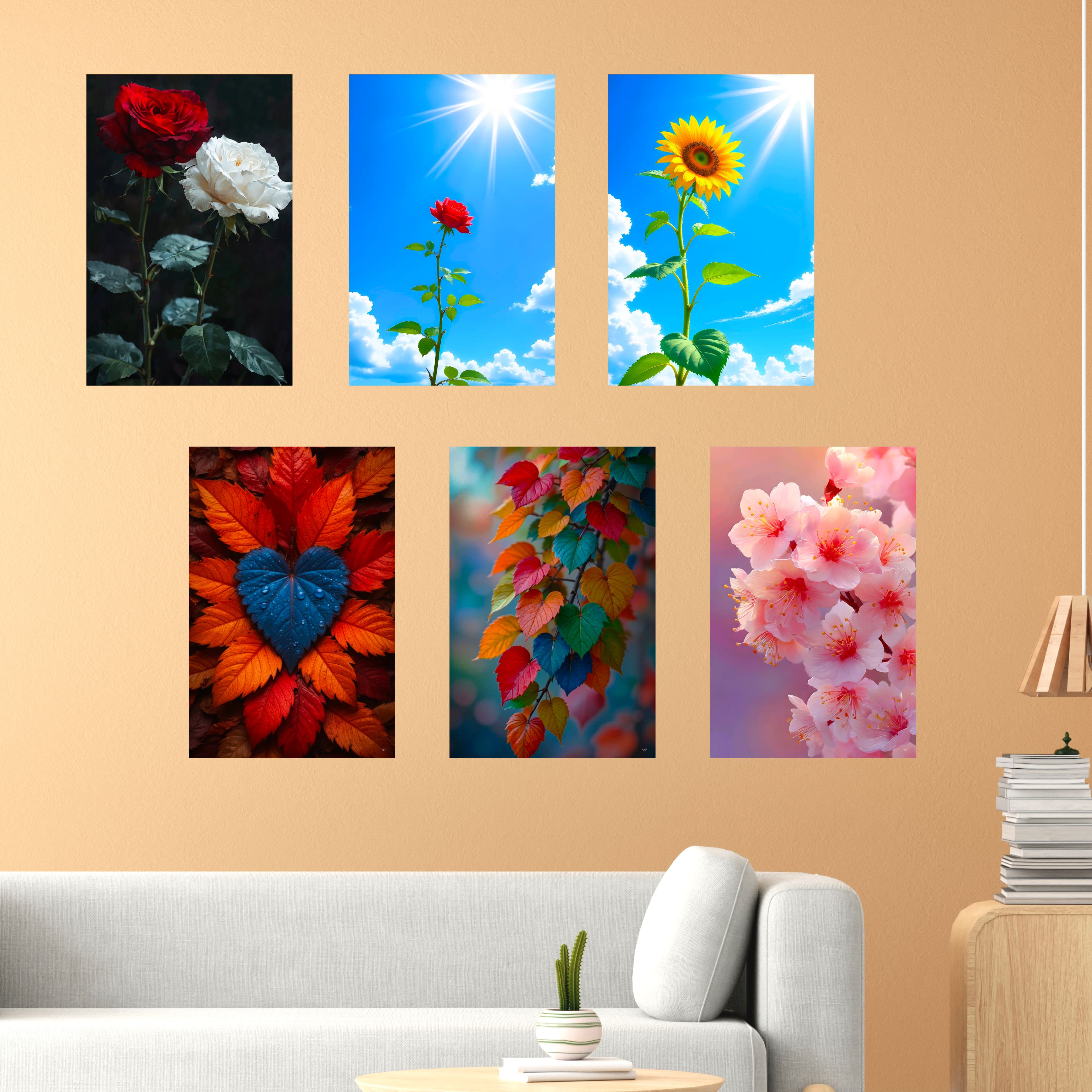 Flowers Wall Decor Poster (Pack Of 6) Self Adhesive Laminated A3 Size 300 GSM Paper Colorful Leaves Poster Unframed Floral Wall Art Posters for Living Room and Bedroom