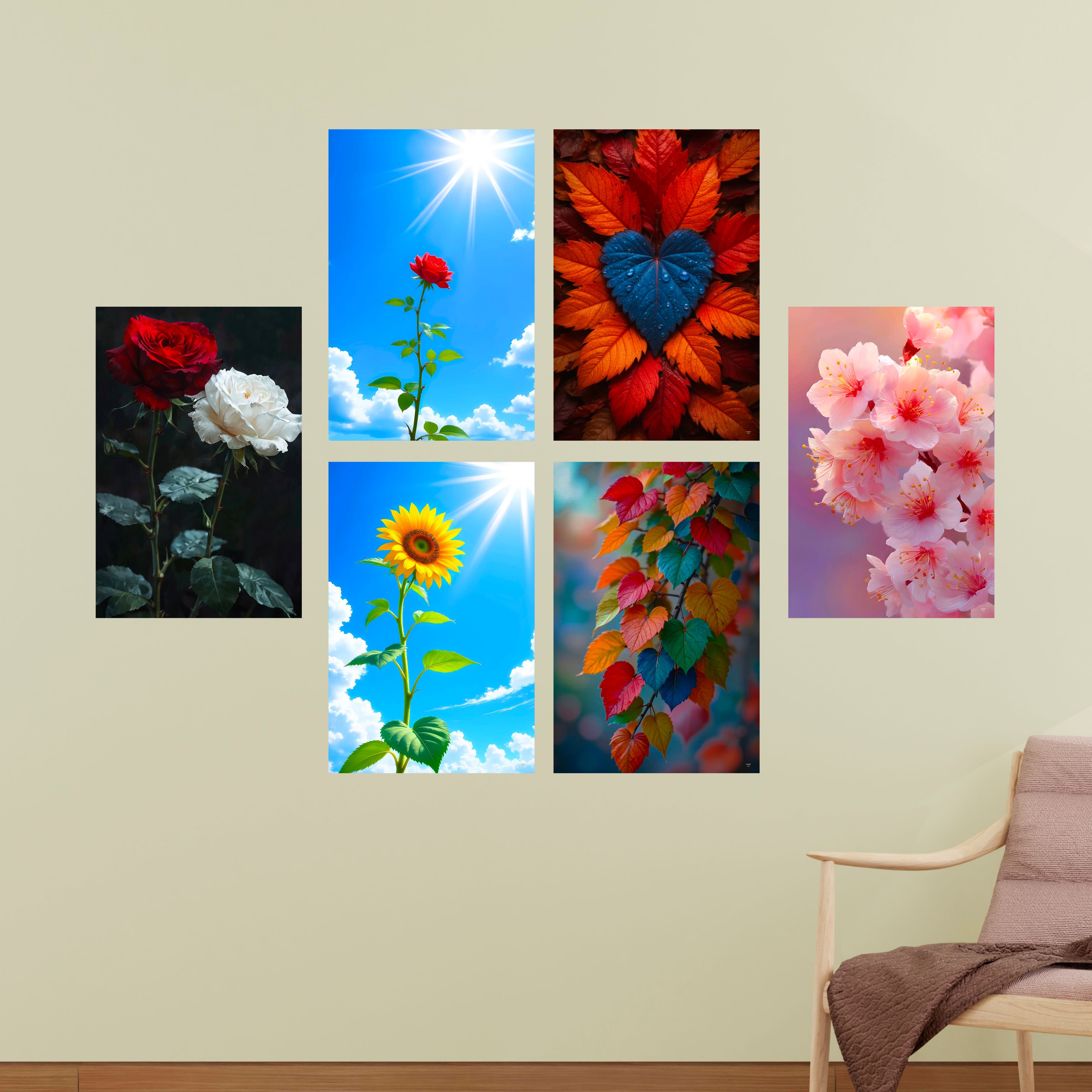 Flowers Wall Decor Poster (Pack Of 6) Self Adhesive Laminated A3 Size 300 GSM Paper Colorful Leaves Poster Unframed Floral Wall Art Posters for Living Room and Bedroom