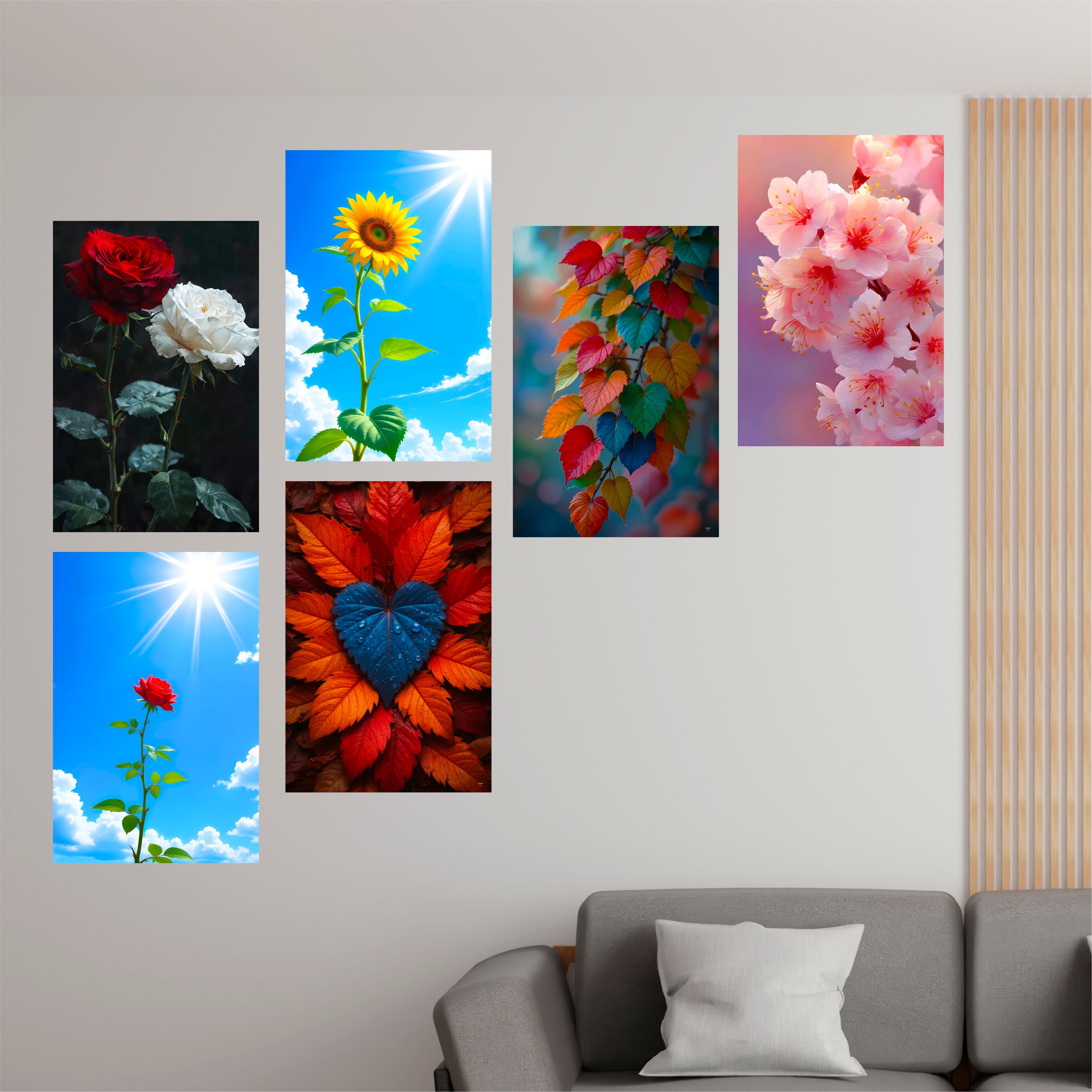 Flowers Wall Decor Poster (Pack Of 6) Self Adhesive Laminated A3 Size 300 GSM Paper Colorful Leaves Poster Unframed Floral Wall Art Posters for Living Room and Bedroom
