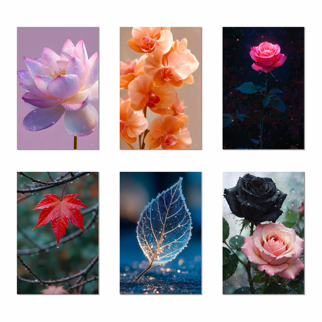 Floral Wall Decor Poster (Pack Of 6) Self Adhesive Laminated 300 GSM Paper Unframed Flowers Wall Art Posters for Living Room and Bedroom