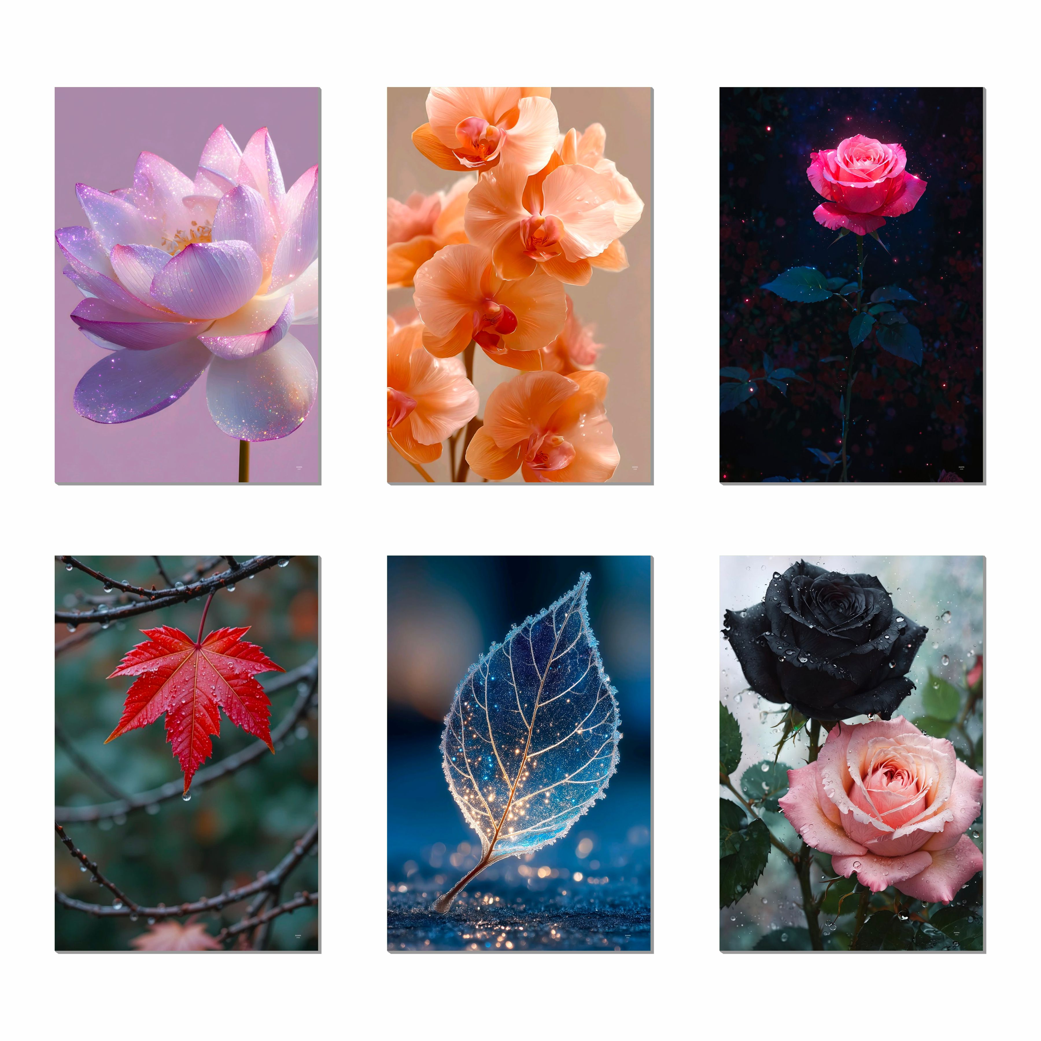 Floral Wall Decor Poster (Pack Of 6) Self Adhesive Laminated 300 GSM Paper Unframed Flowers Wall Art Posters for Living Room and Bedroom