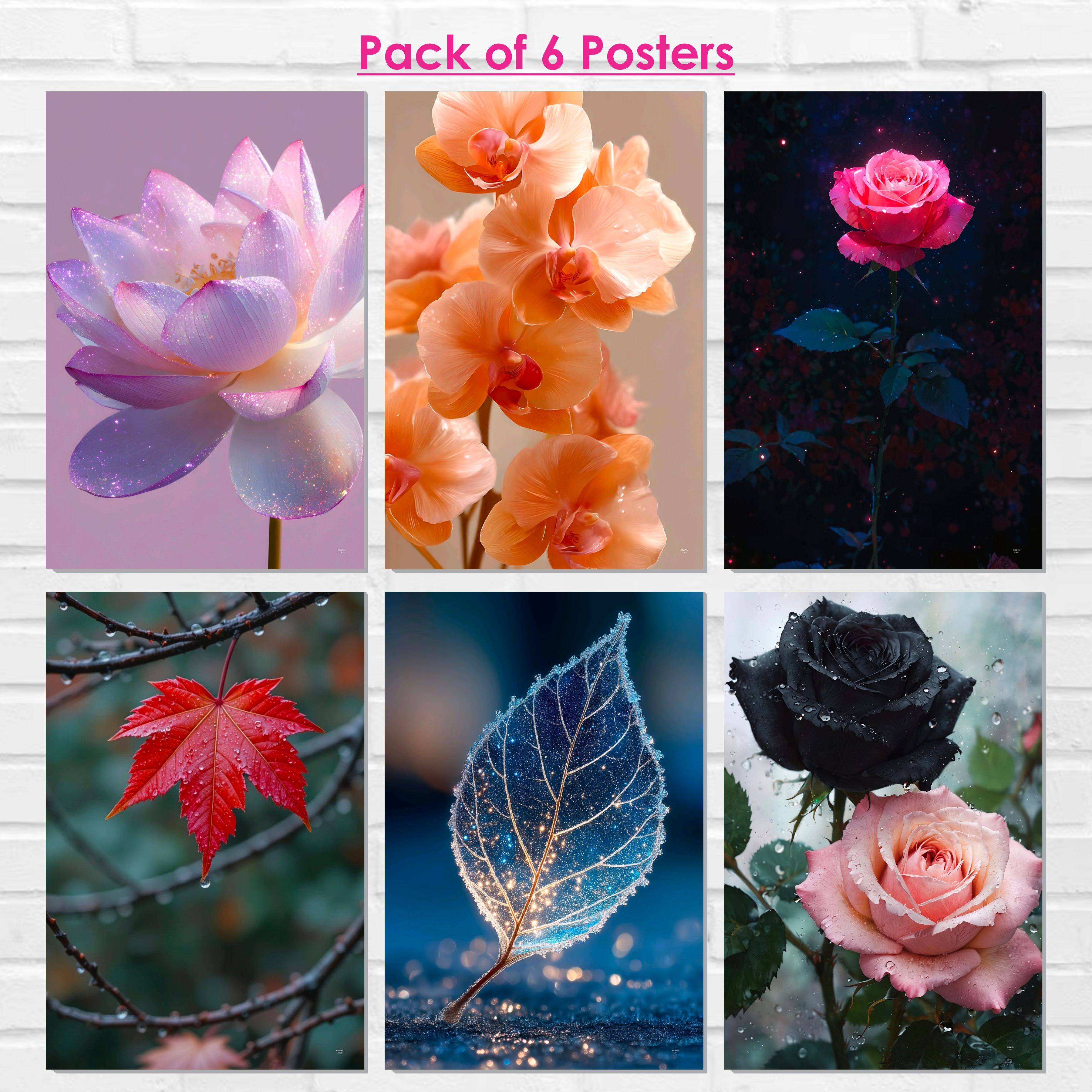 Floral Wall Decor Poster (Pack Of 6) Self Adhesive Laminated 300 GSM Paper Unframed Flowers Wall Art Posters for Living Room and Bedroom