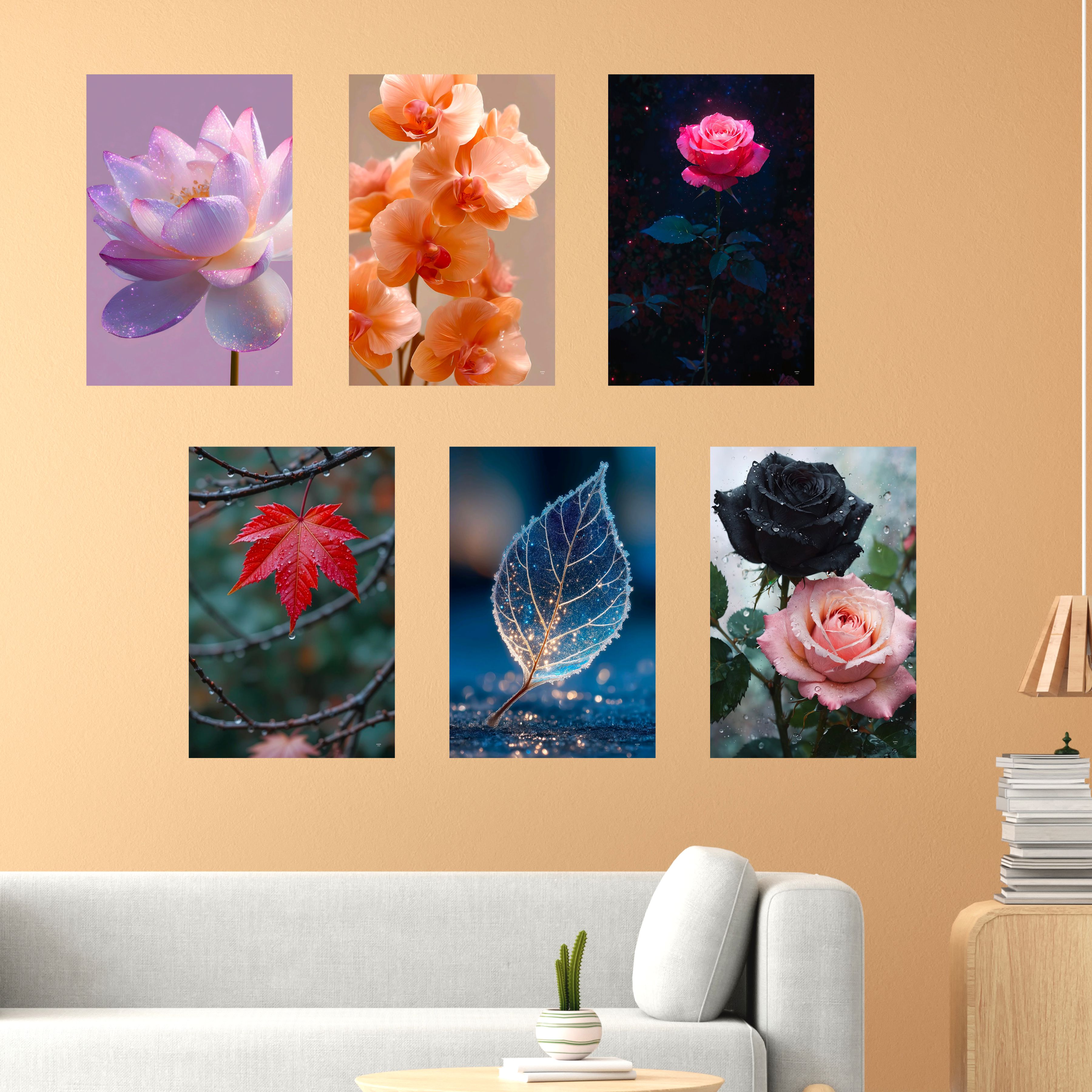 Floral Wall Decor Poster (Pack Of 6) Self Adhesive Laminated 300 GSM Paper Unframed Flowers Wall Art Posters for Living Room and Bedroom