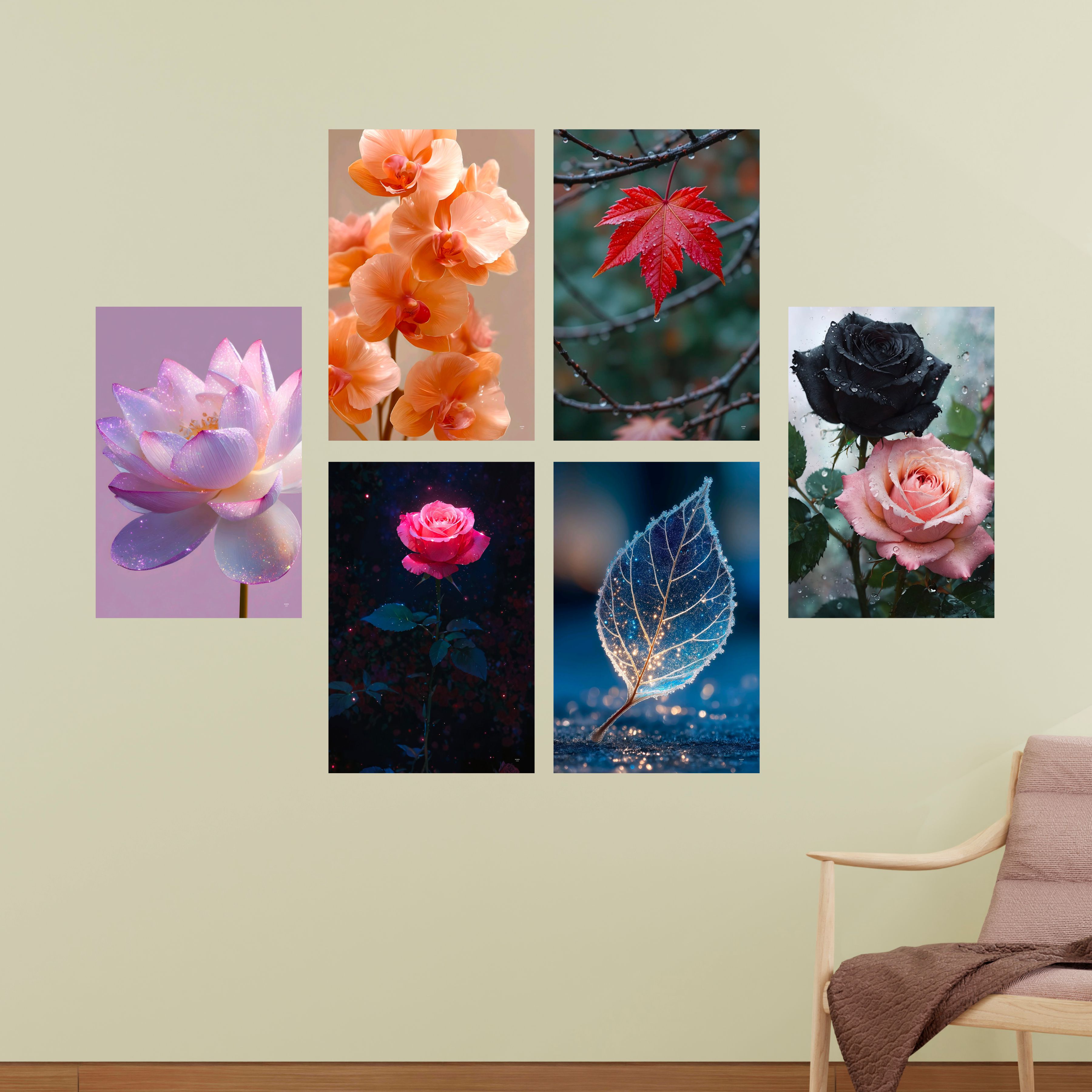 Floral Wall Decor Poster (Pack Of 6) Self Adhesive Laminated 300 GSM Paper Unframed Flowers Wall Art Posters for Living Room and Bedroom