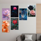 Floral Wall Decor Poster (Pack Of 6) Self Adhesive Laminated 300 GSM Paper Unframed Flowers Wall Art Posters for Living Room and Bedroom