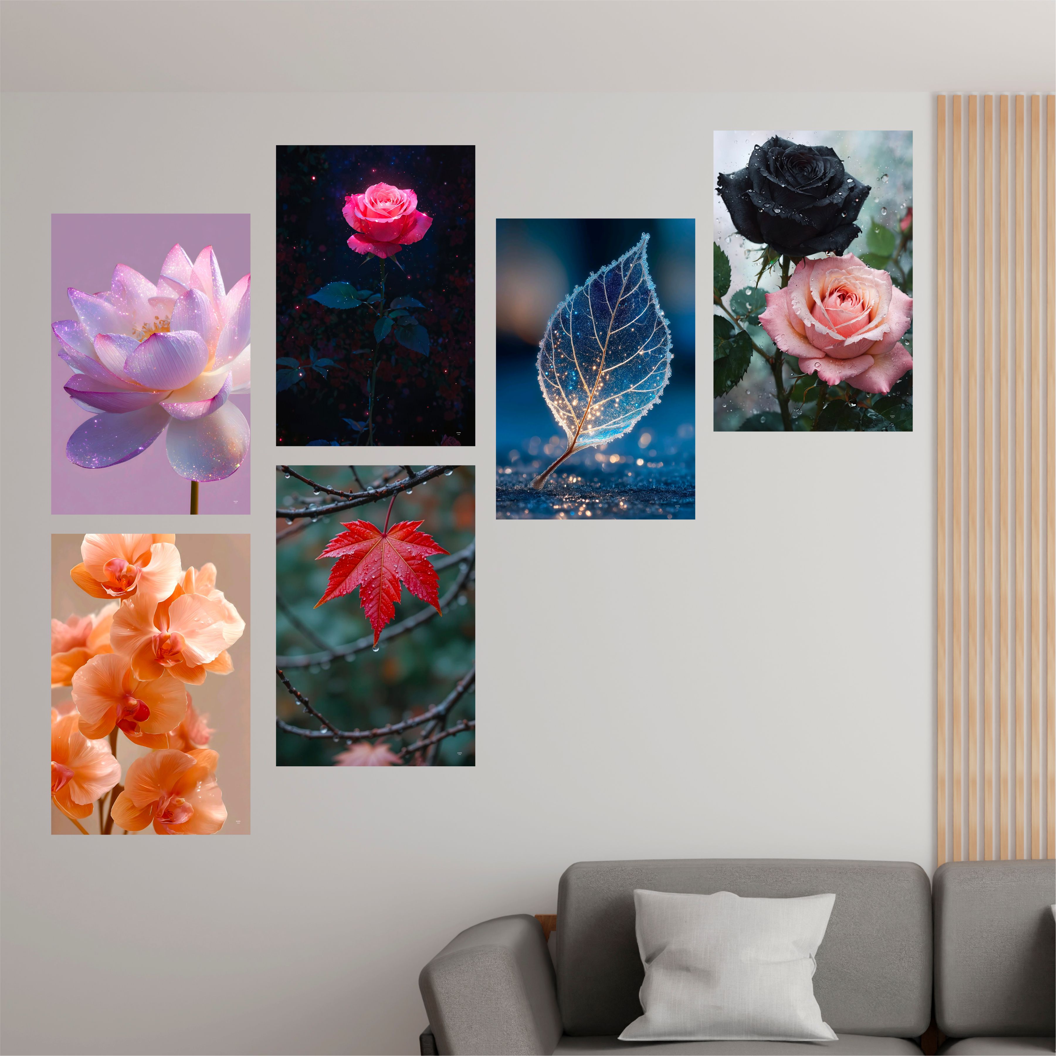 Floral Wall Decor Poster (Pack Of 6) Self Adhesive Laminated 300 GSM Paper Unframed Flowers Wall Art Posters for Living Room and Bedroom