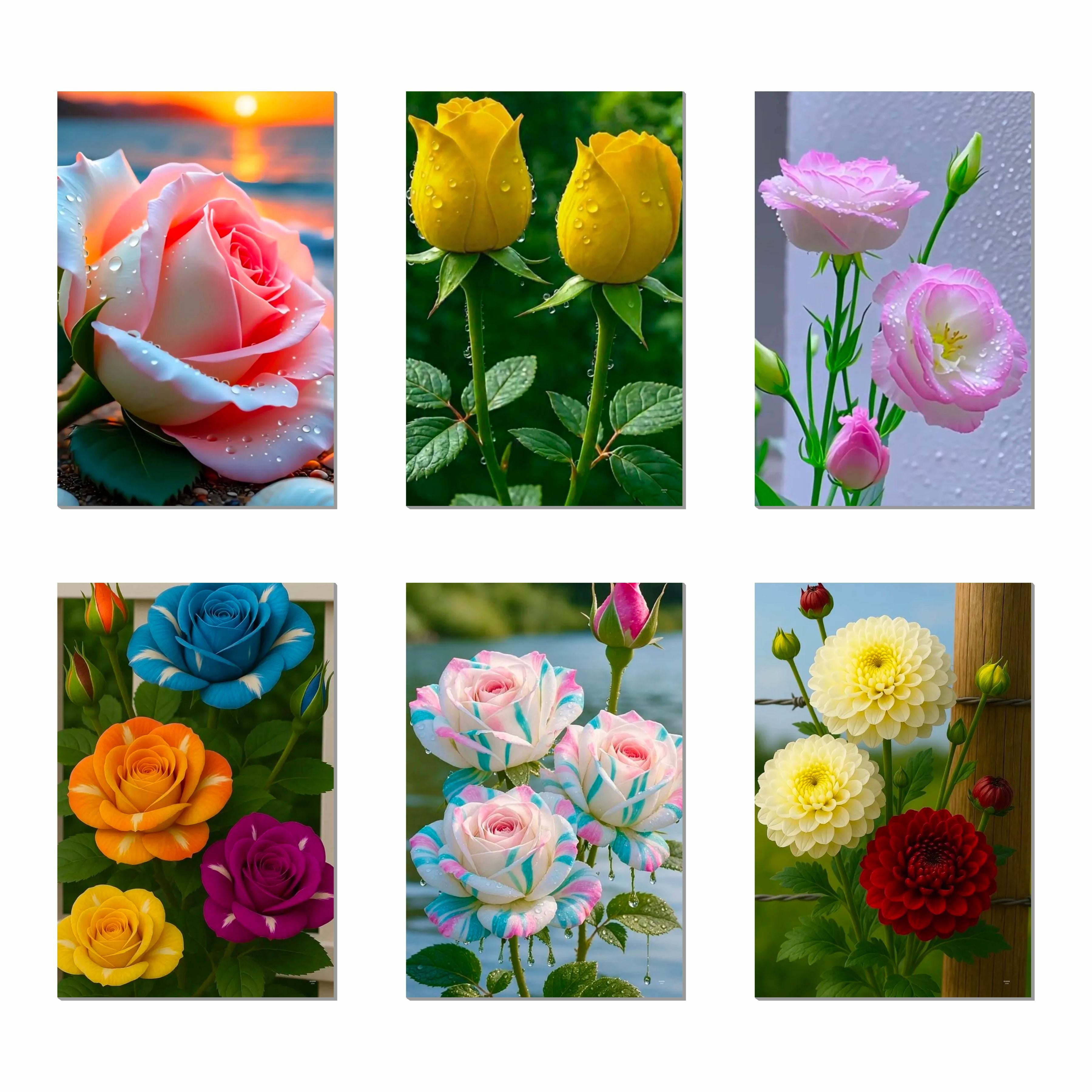 Colorful Flowers Wall Decor Poster (Pack Of 6) A3 Size Self Adhesive Laminated 300 GSM Paper Unframed Floral Wall Art Posters for Home Decoration, Living Room and Bedroom