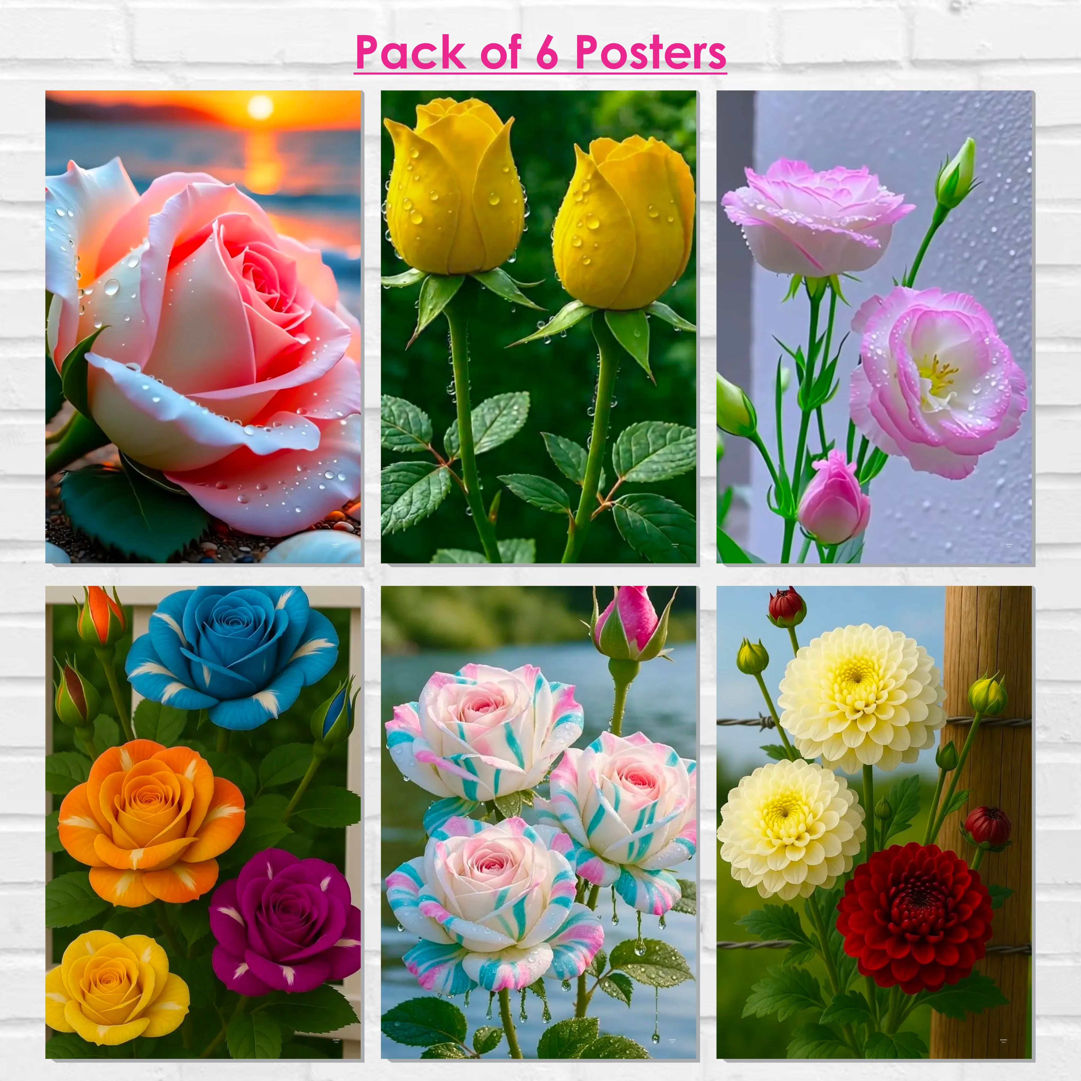 Colorful Flowers Wall Decor Poster (Pack Of 6) A3 Size Self Adhesive Laminated 300 GSM Paper Unframed Floral Wall Art Posters for Home Decoration, Living Room and Bedroom