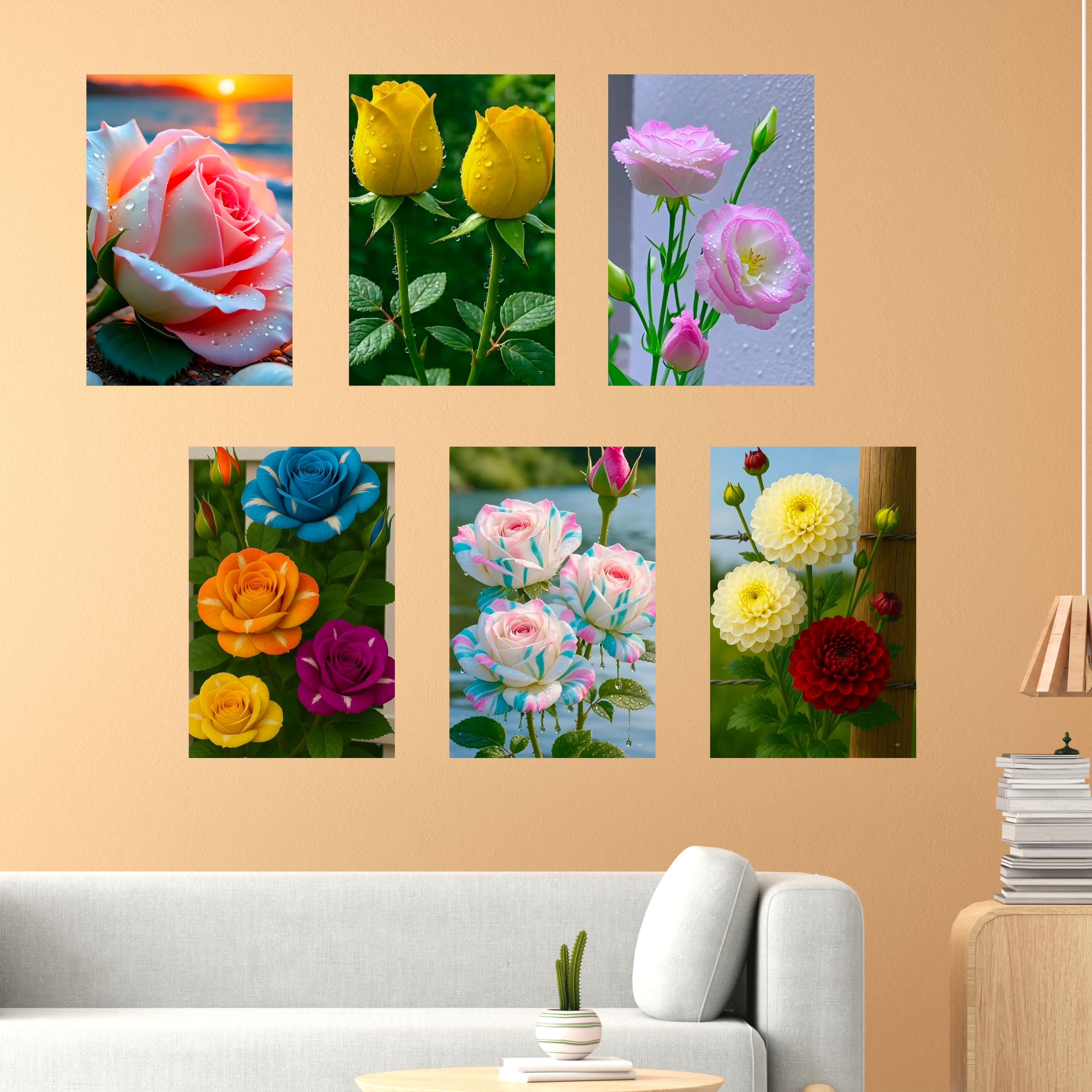 Colorful Flowers Wall Decor Poster (Pack Of 6) A3 Size Self Adhesive Laminated 300 GSM Paper Unframed Floral Wall Art Posters for Home Decoration, Living Room and Bedroom