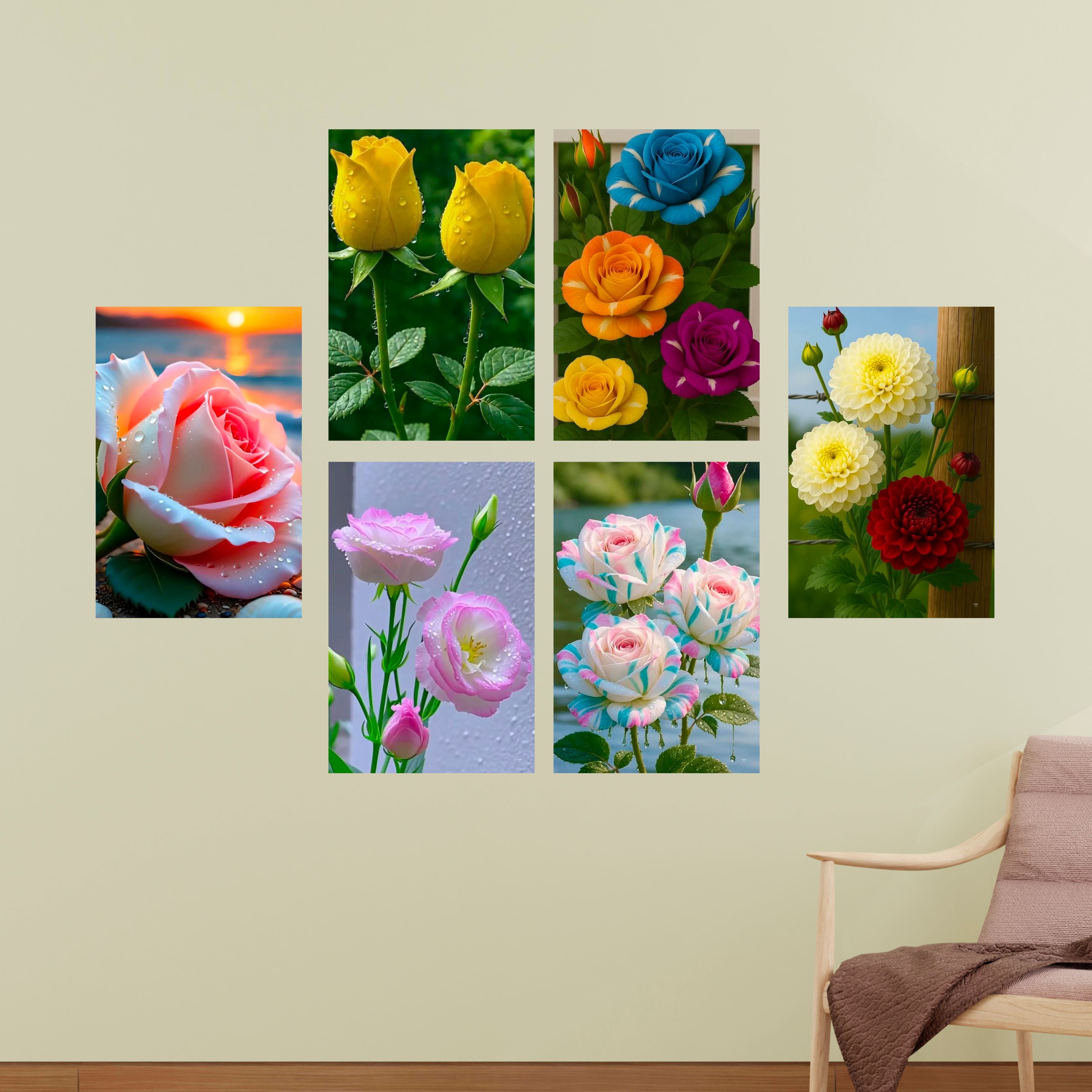 Colorful Flowers Wall Decor Poster (Pack Of 6) A3 Size Self Adhesive Laminated 300 GSM Paper Unframed Floral Wall Art Posters for Home Decoration, Living Room and Bedroom