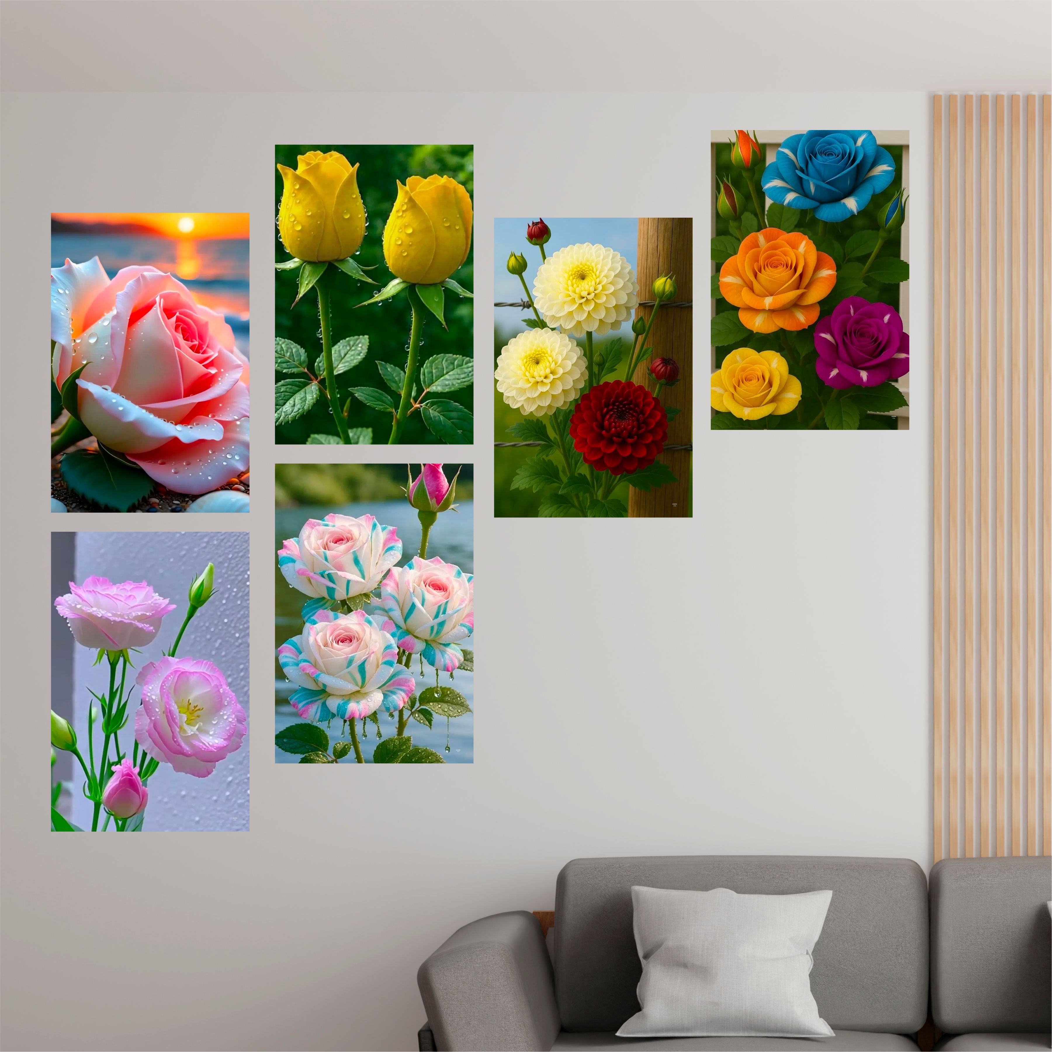 Colorful Flowers Wall Decor Poster (Pack Of 6) A3 Size Self Adhesive Laminated 300 GSM Paper Unframed Floral Wall Art Posters for Home Decoration, Living Room and Bedroom