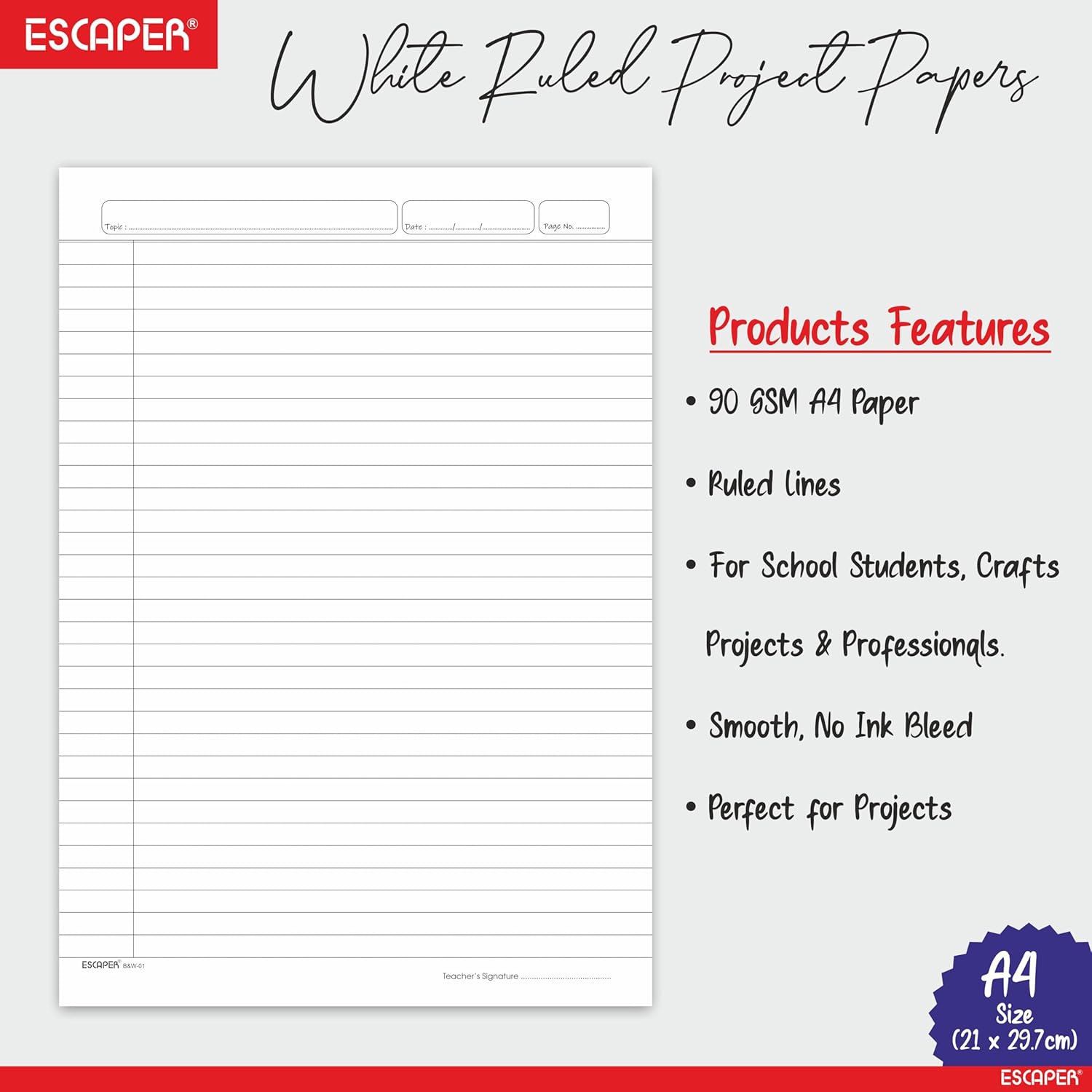 Classic One Side Ruled A4 Sheets, 90 GSM Project Paper, White Paper Sheets For Writing, Printing, DIY, Assignment, Office & Creative Use