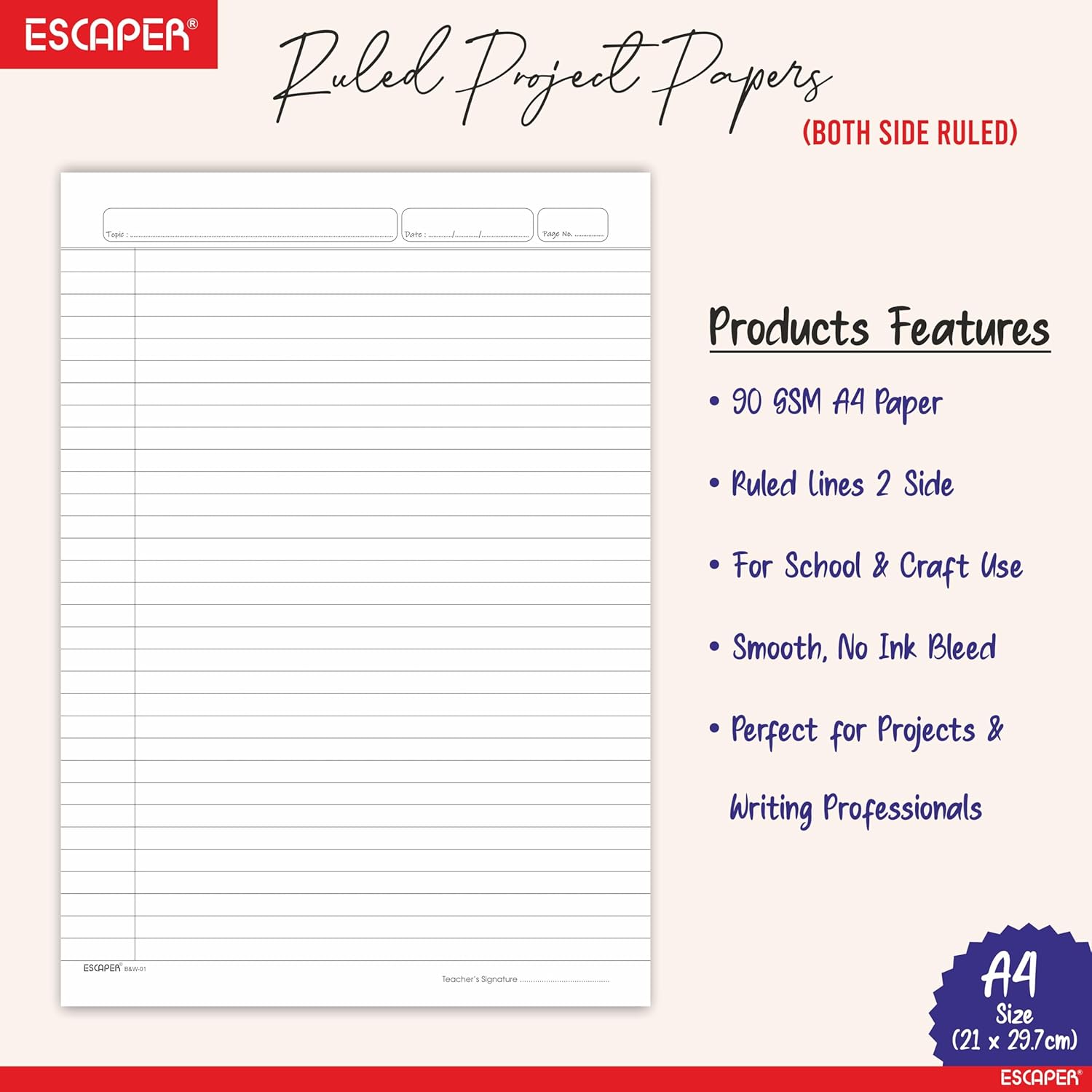 Classic A4 Size Two Side Ruled Sheets, 90 GSM White Paper for Writing, Printing, Assignments & Projects, Designer Both Side Ruled A4 Paper